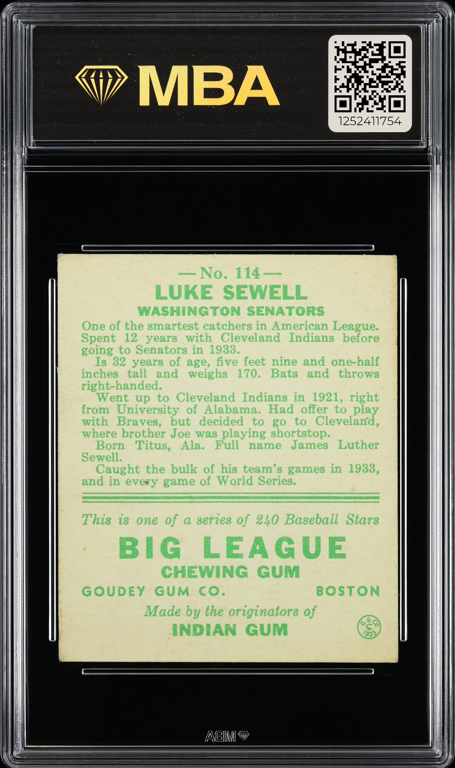 1933 Goudey Luke Sewell #114 MBA 4.5 MBA Silver
