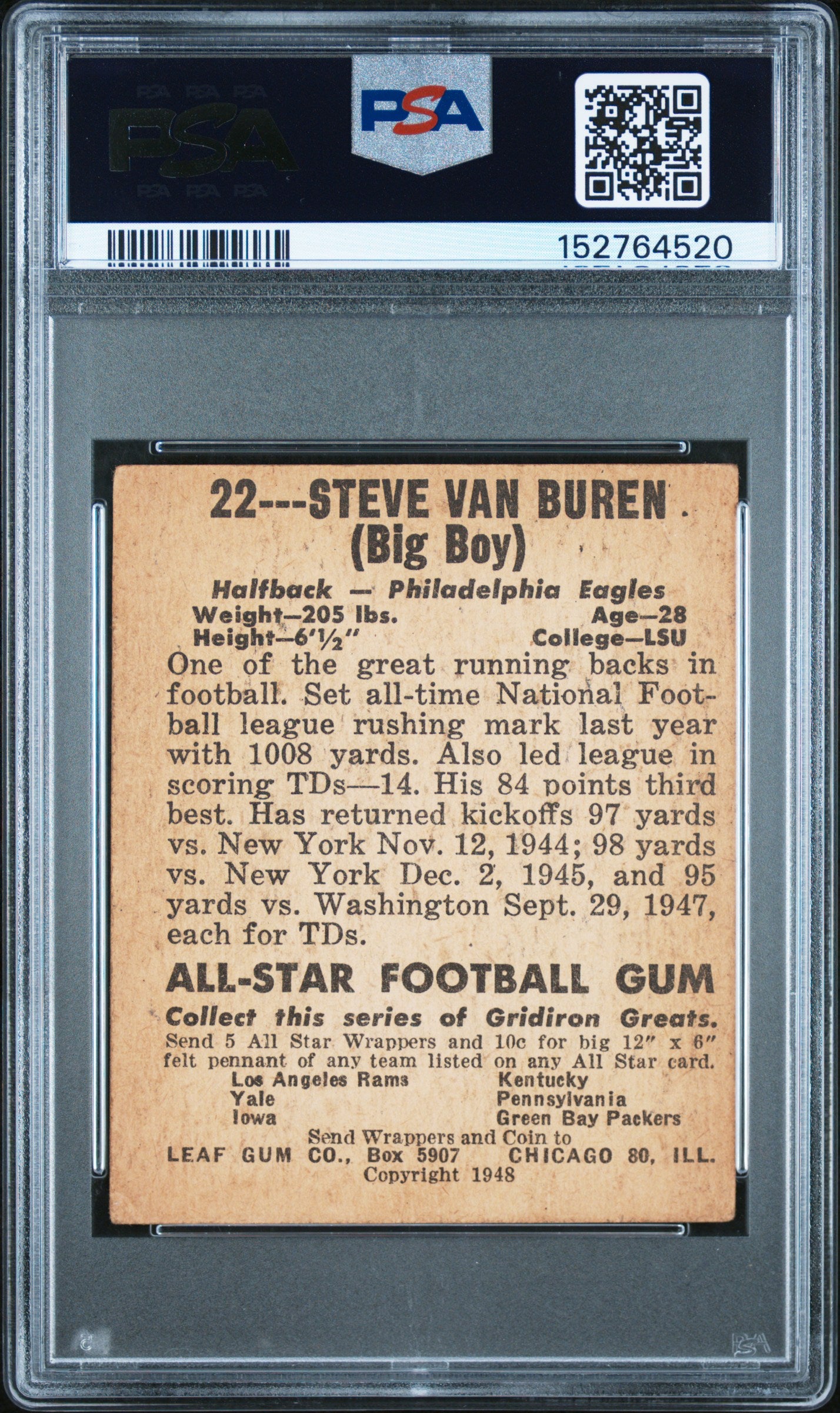 1948 Leaf Steve Van Buren #22 Green Jersey, Green Sock PSA 3