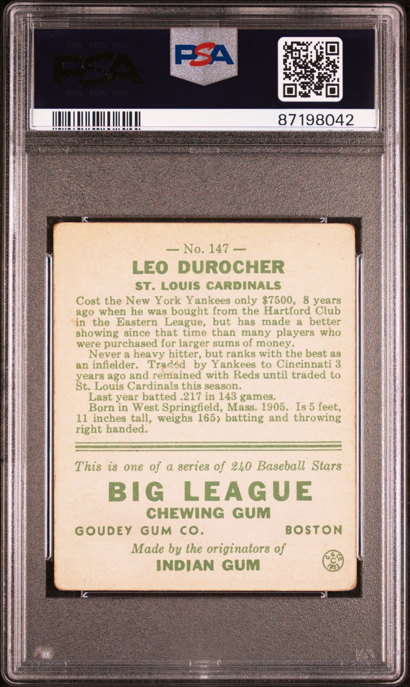 1933 Goudey Leo Durocher #147 PSA A Auto 10