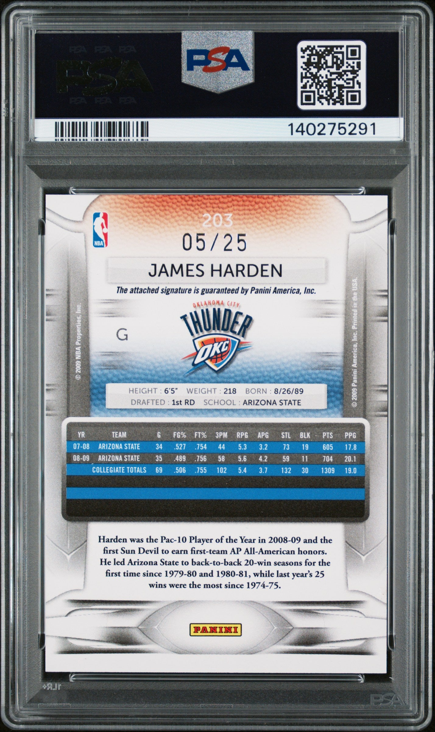 2009 Panini Prestige James Harden #203 Bonus Shots Black SIG PSA 6 Auto 10