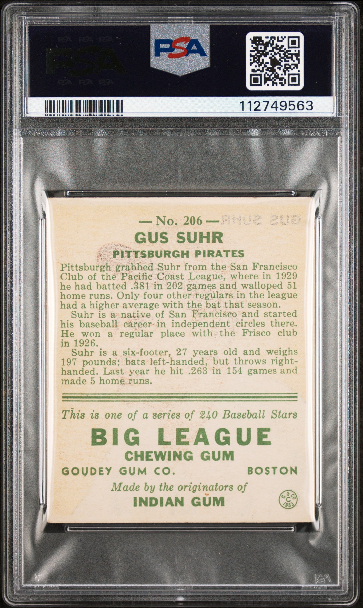 1933 Goudey Gus Suhr #206 PSA 4