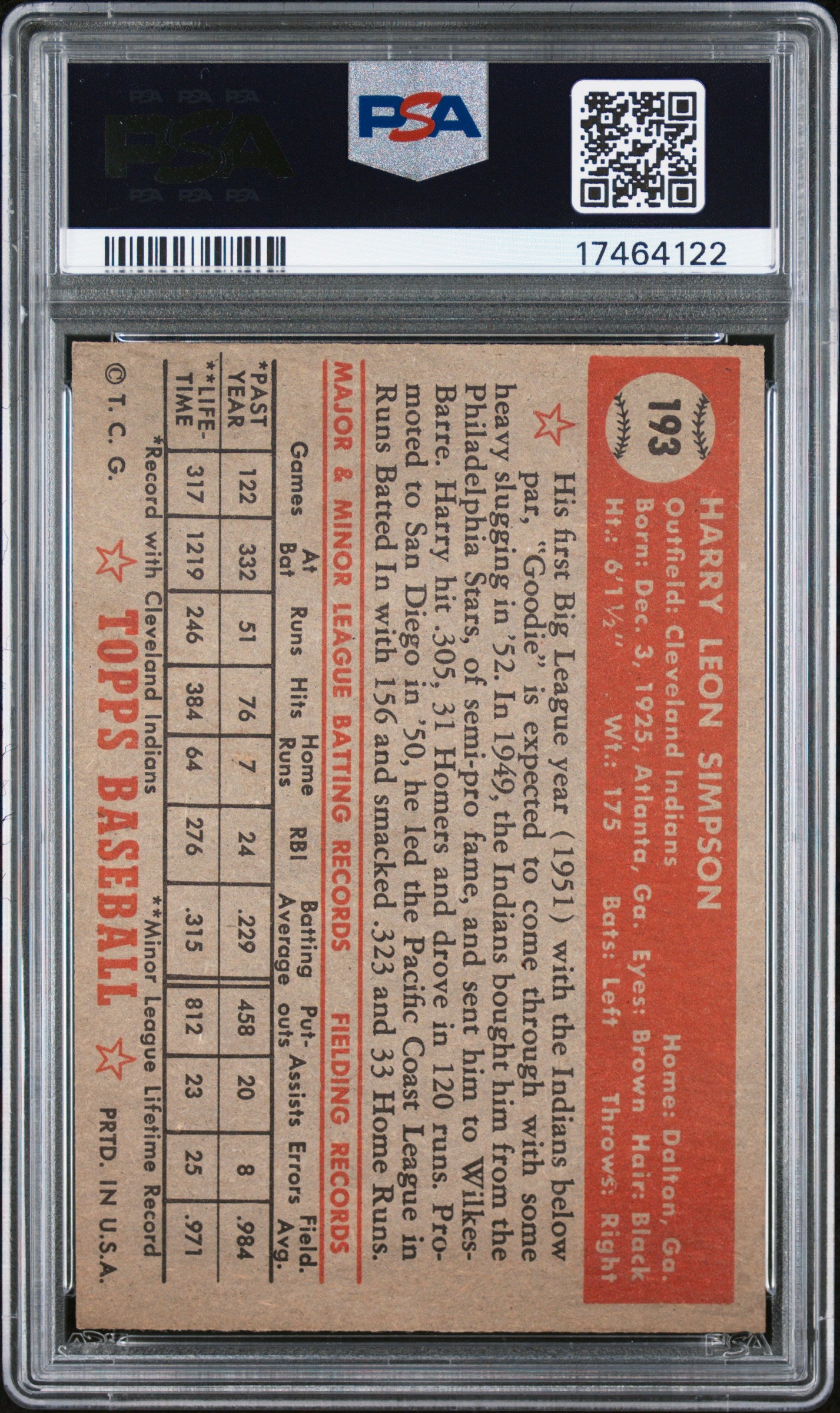 1952 Topps Harry Simpson #193 PSA 7