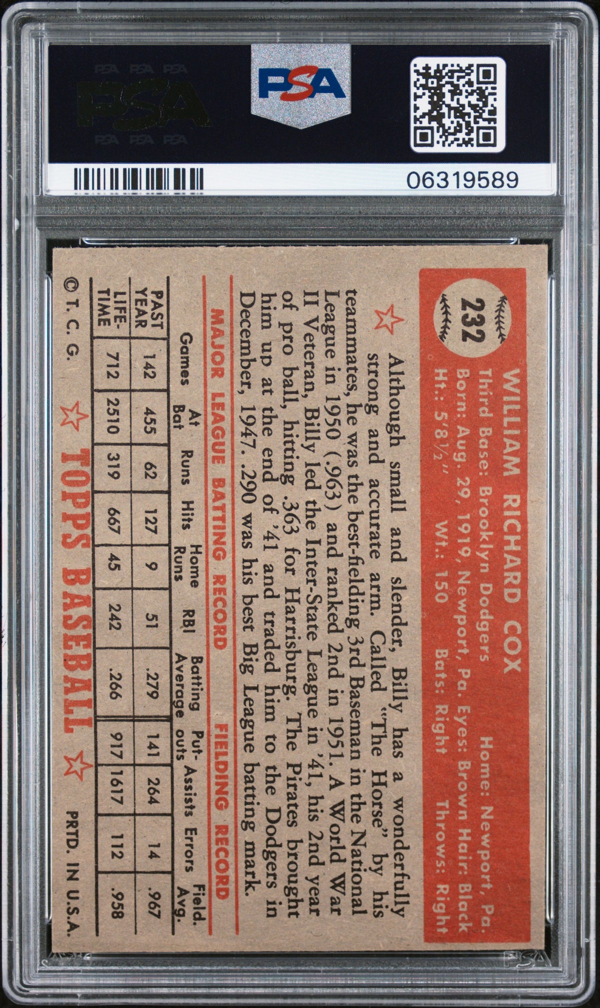 1952 Topps Billy Cox #232 PSA 7