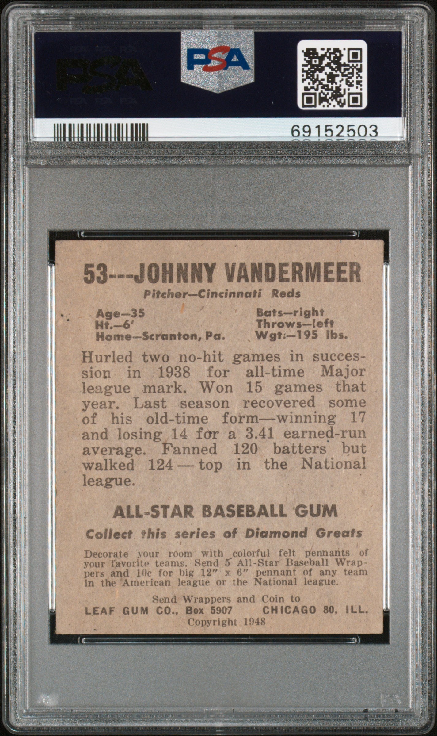 1948 Leaf John Vandermeer #53 (Vander Meer) PSA 5
