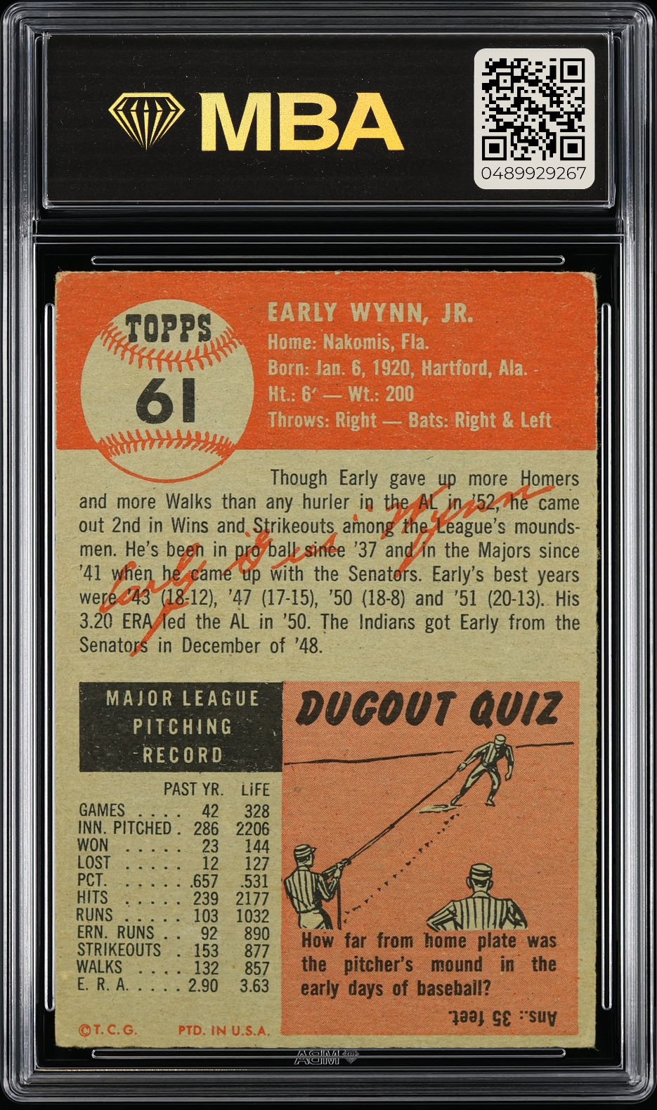 1953 Topps Early Wynn #61 Short Print MBA 3