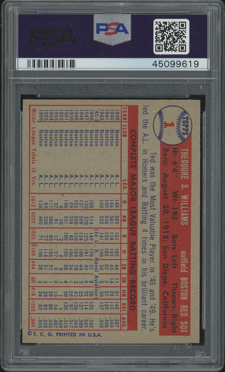 1957 Topps Ted Williams #1 PSA 8