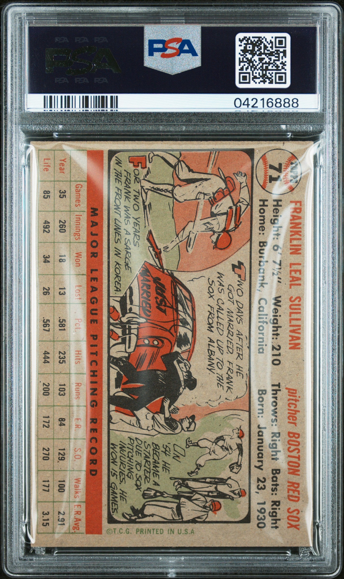 1956 Topps Frank Sullivan #71 Gray Back PSA 8
