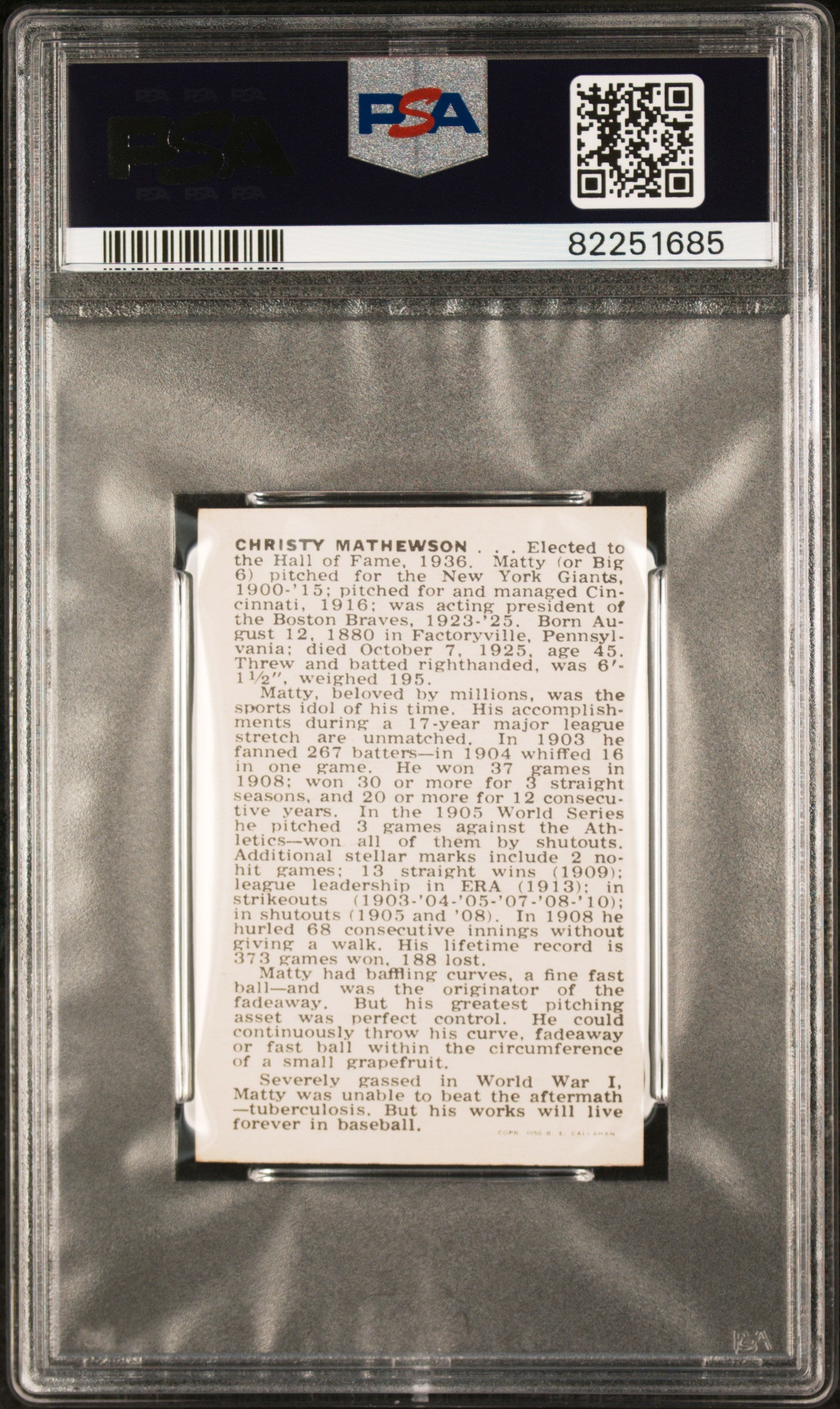 1950-56 Callahan Hall Of Fame Christy Mathewson PSA 8