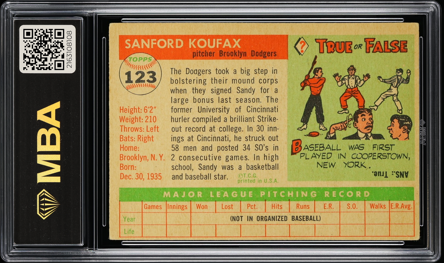 1955 Topps Sandy Koufax #123 MBA 3 RC