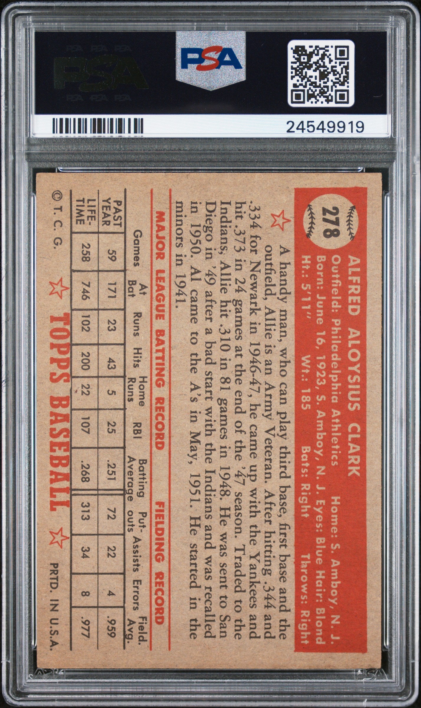 1952 Topps Al Clark #278 PSA 7
