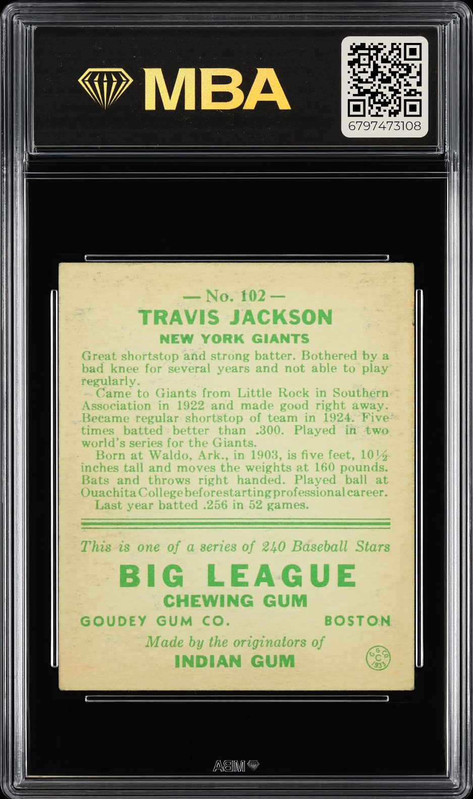 1933 Goudey Travis C. Jackson #102 MBA 4