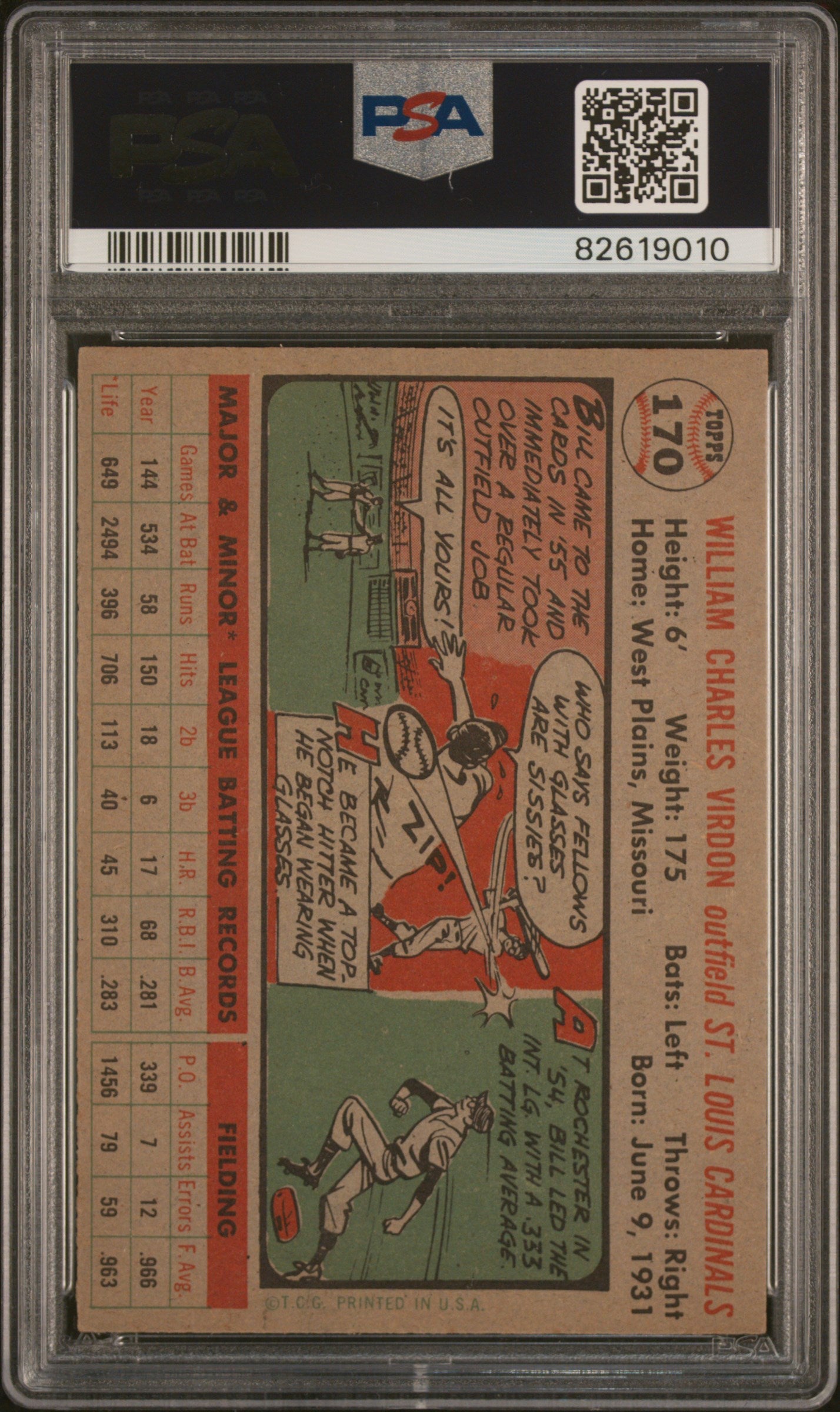 1956 Topps Bill Virdon #170 Gray Back PSA 8