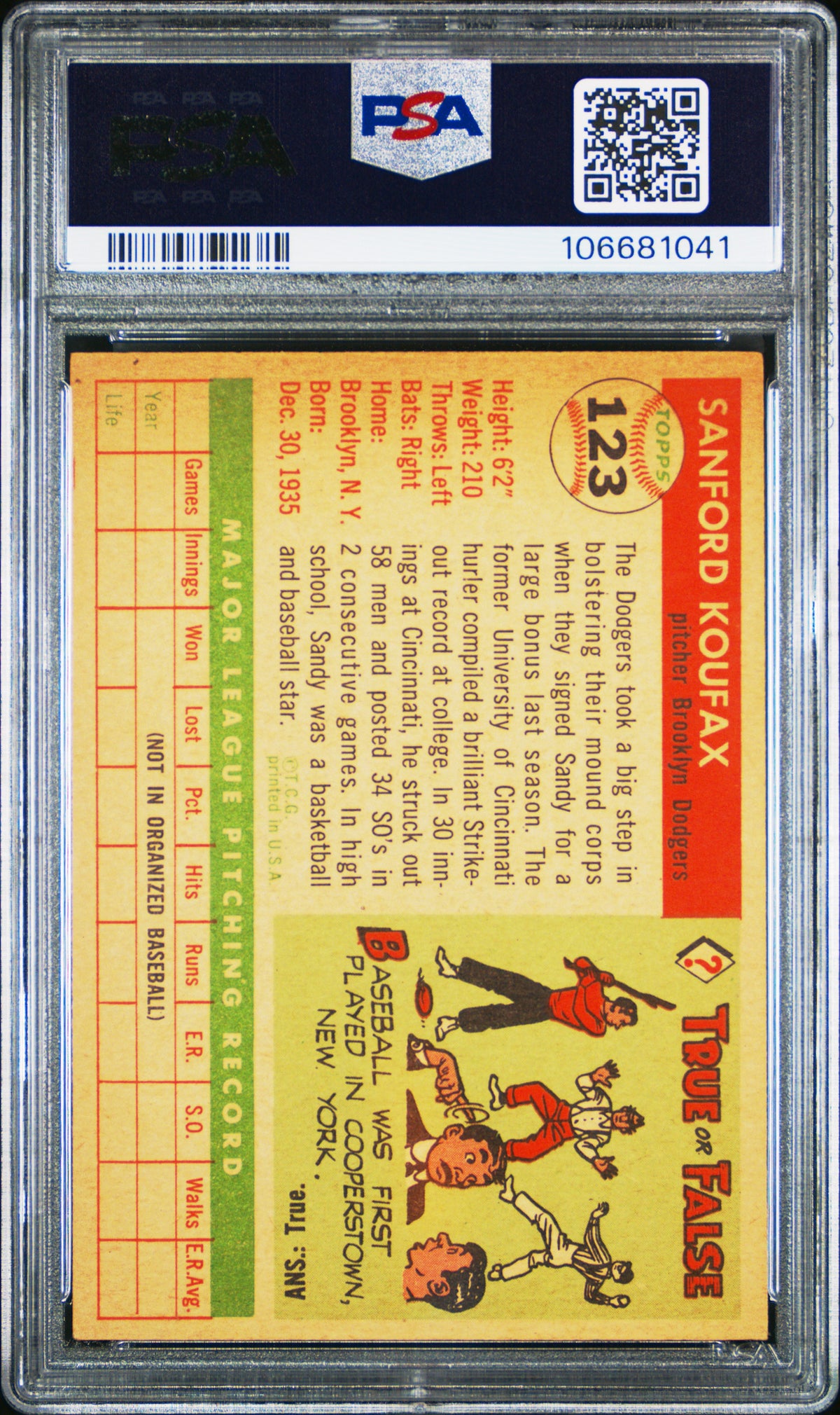1955 Topps Sandy Koufax #123 PSA 5