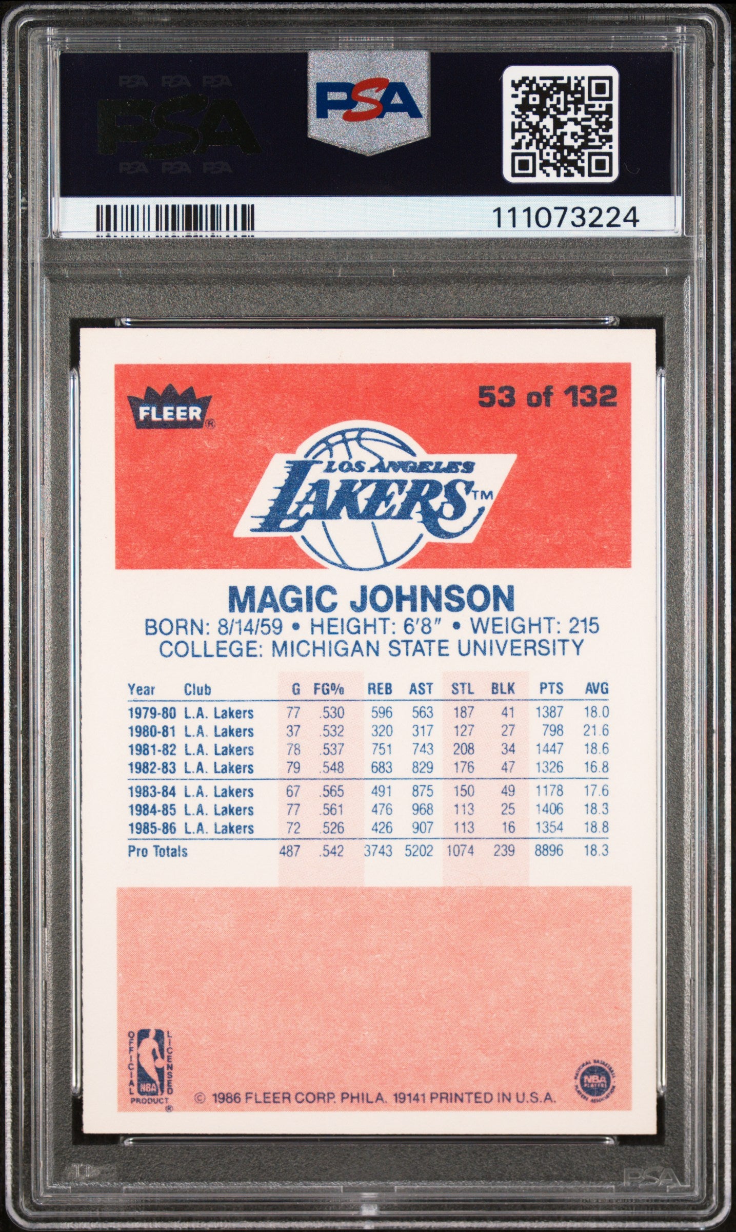 1986 Fleer Magic Johnson #53 PSA 9 Auto 10