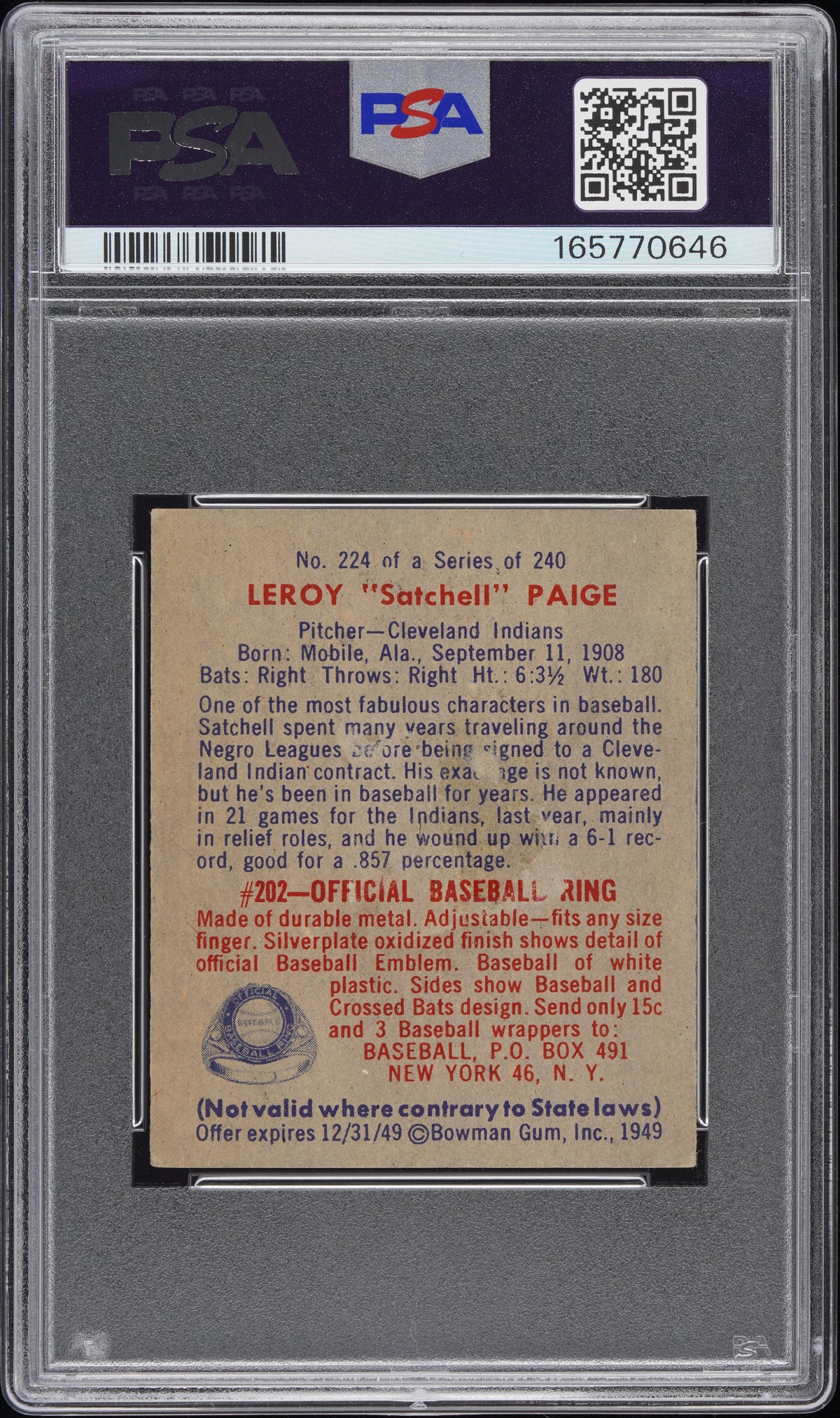 1949 Bowman Satchell Paige #224 PSA 1