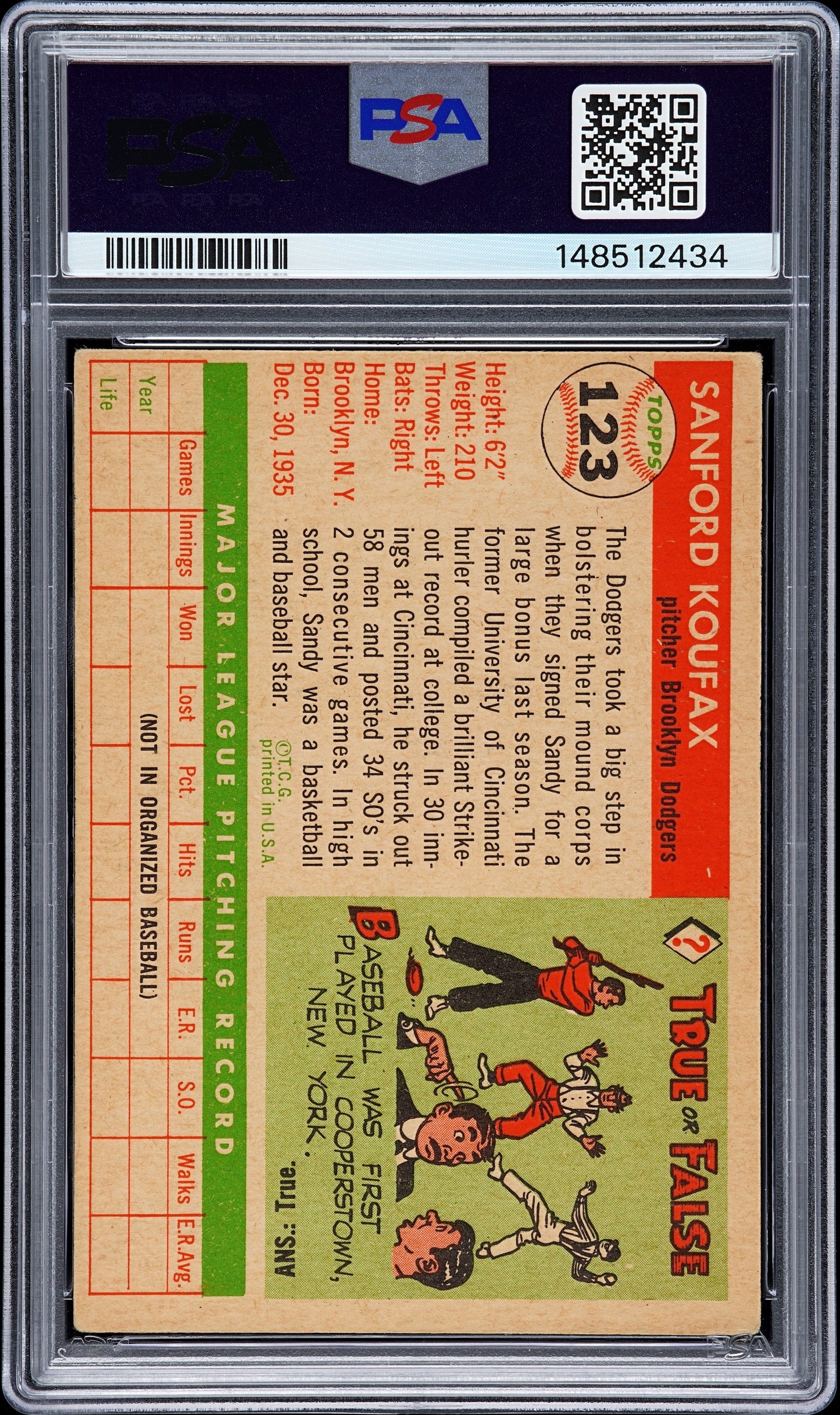 1955 Topps Sandy Koufax #123 PSA 3 Auto 10