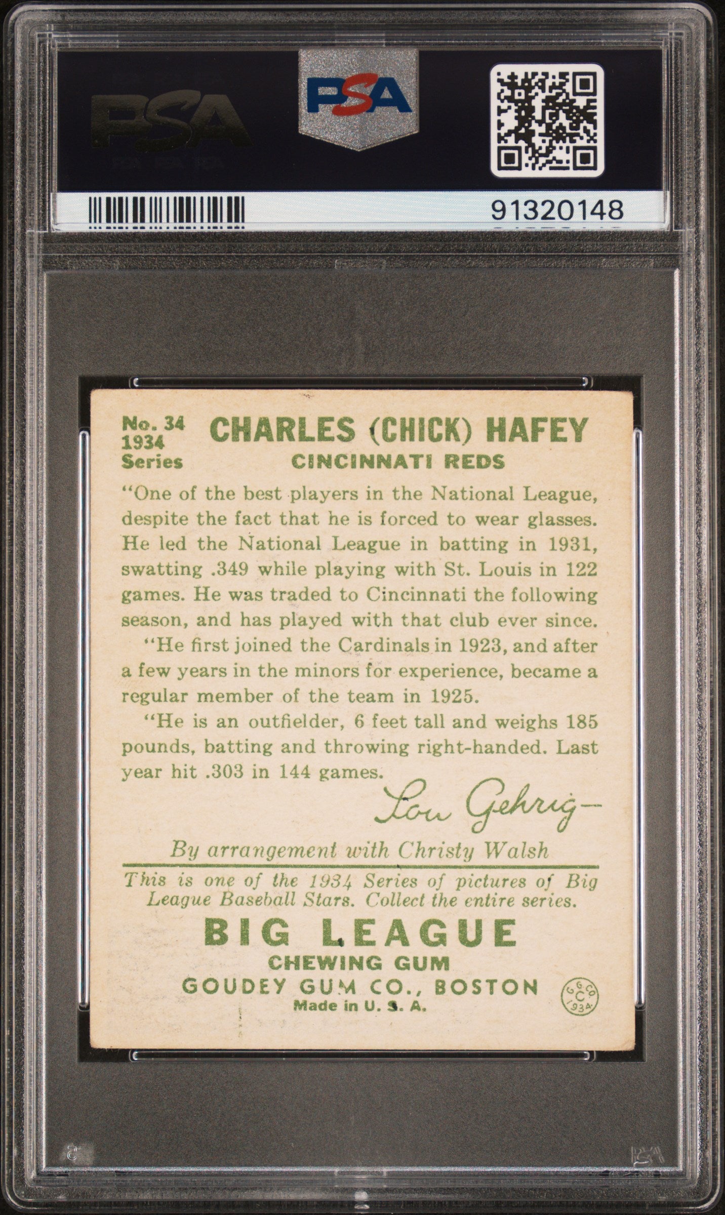 1934 Goudey Chick Hafey #34 PSA 4