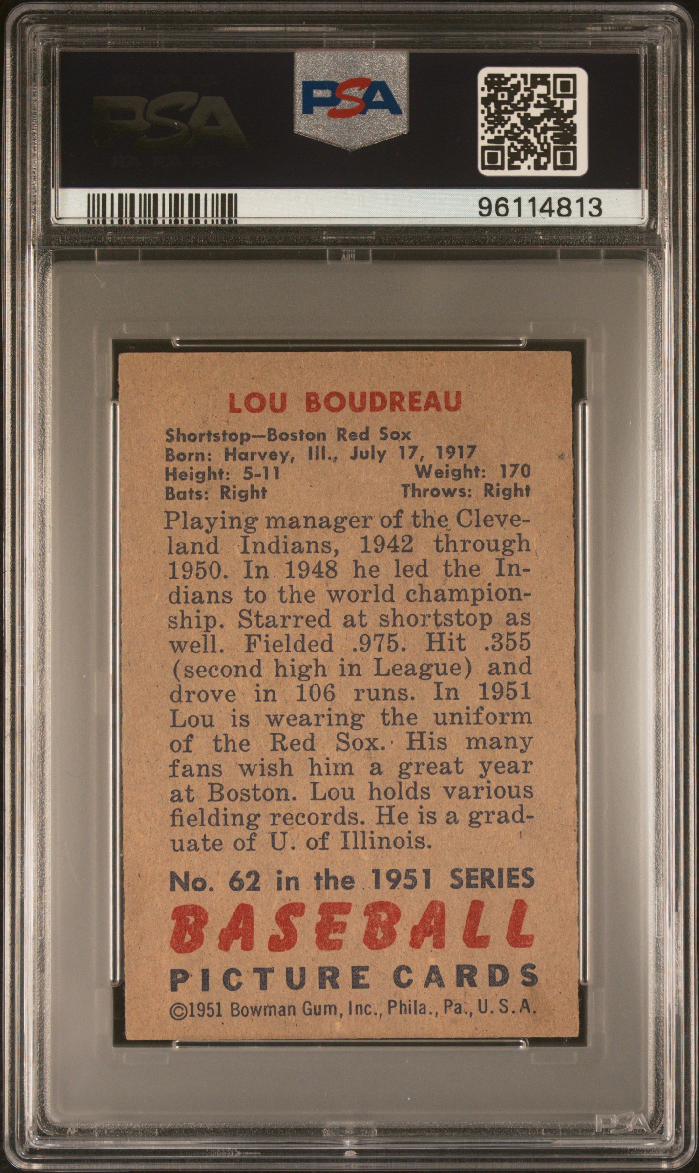 1951 Bowman Lou Boudreau #62 PSA 6 Auto 10