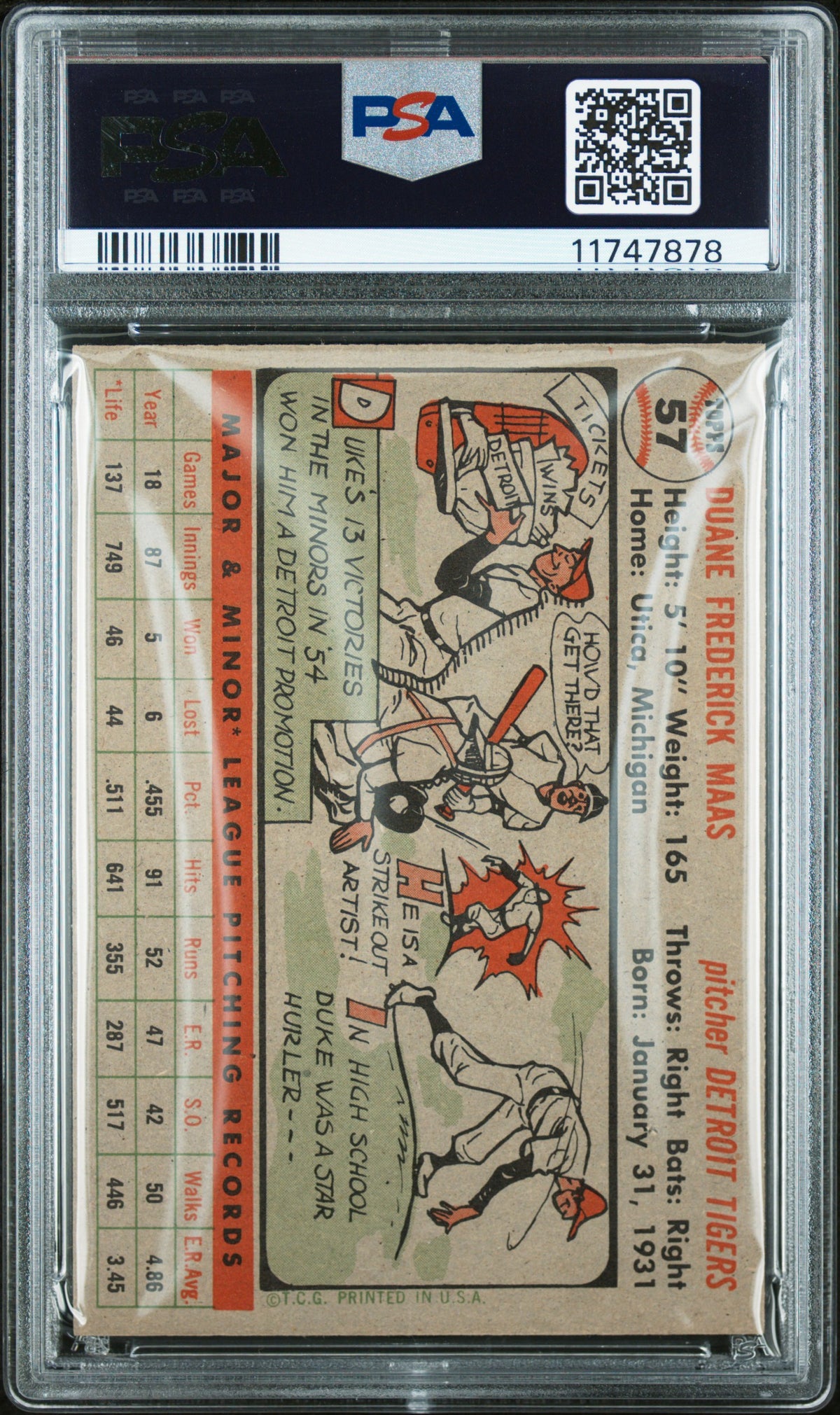 1956 Topps Duke Maas #57 Gray Back PSA 8