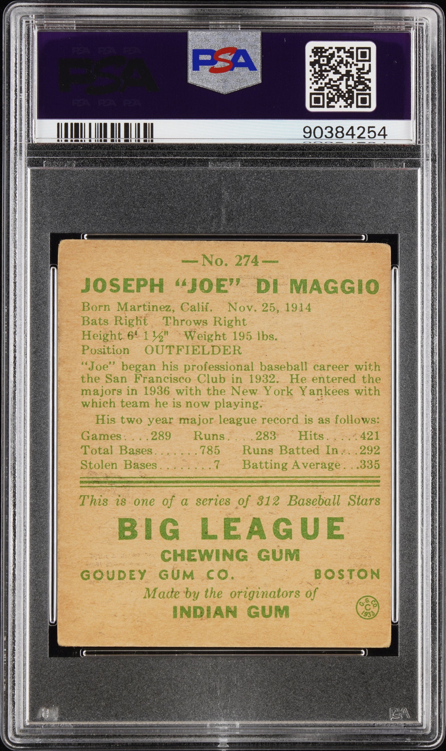 1938 Goudey Joe Dimaggio #274 PSA 4