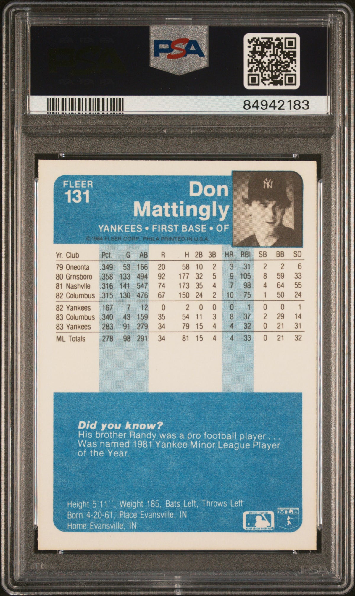 1984 Fleer Don Mattingly #131 PSA 9 Auto 10