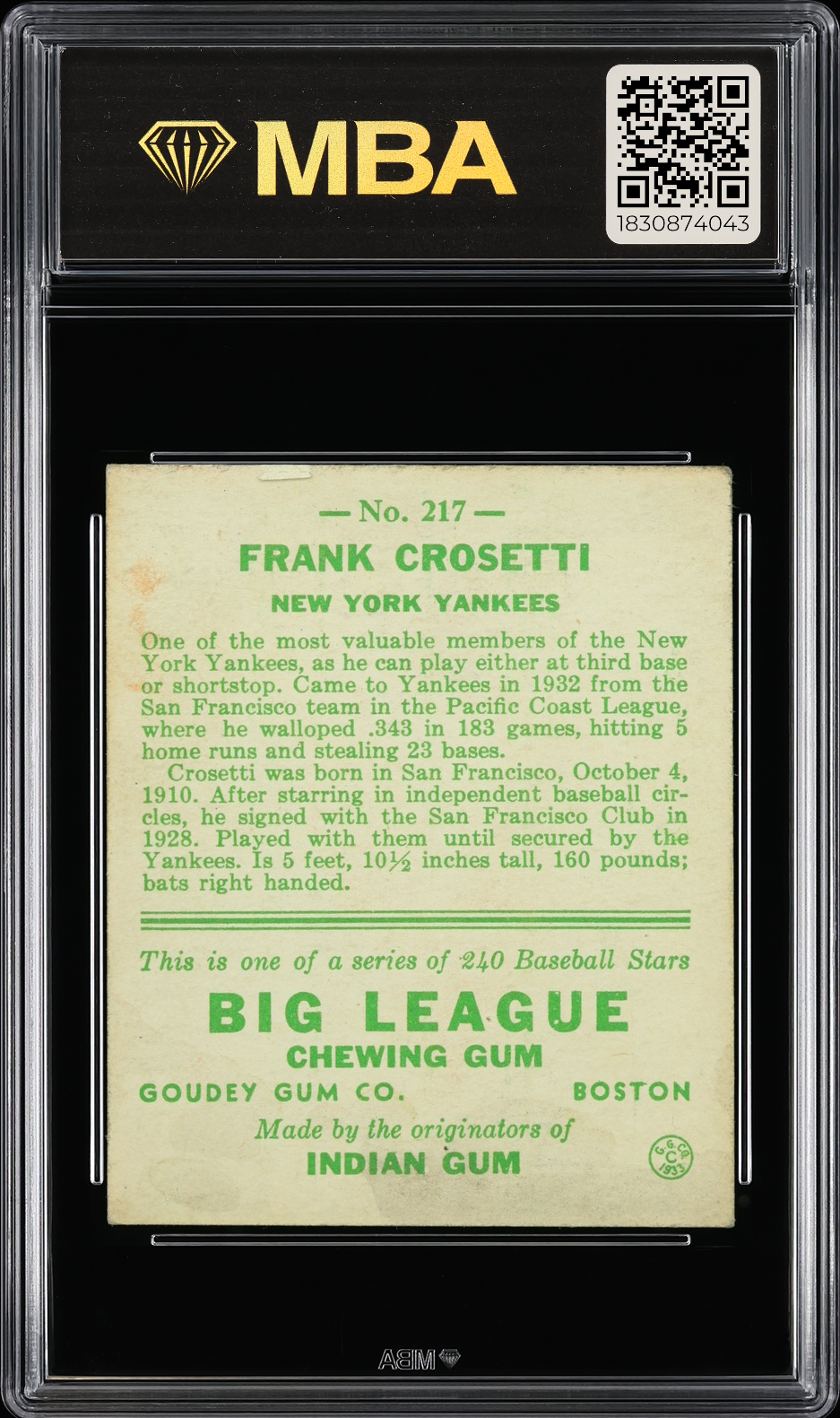 1933 Goudey Frank Crosetti #217 MBA 4