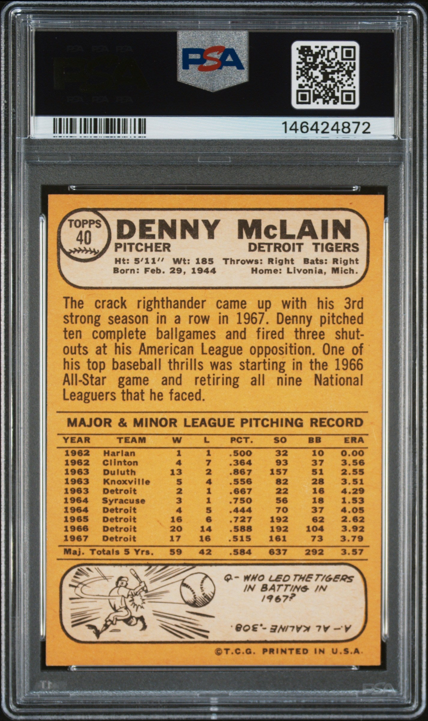1968 Topps Denny Mclain #40 PSA 8 Auto 10