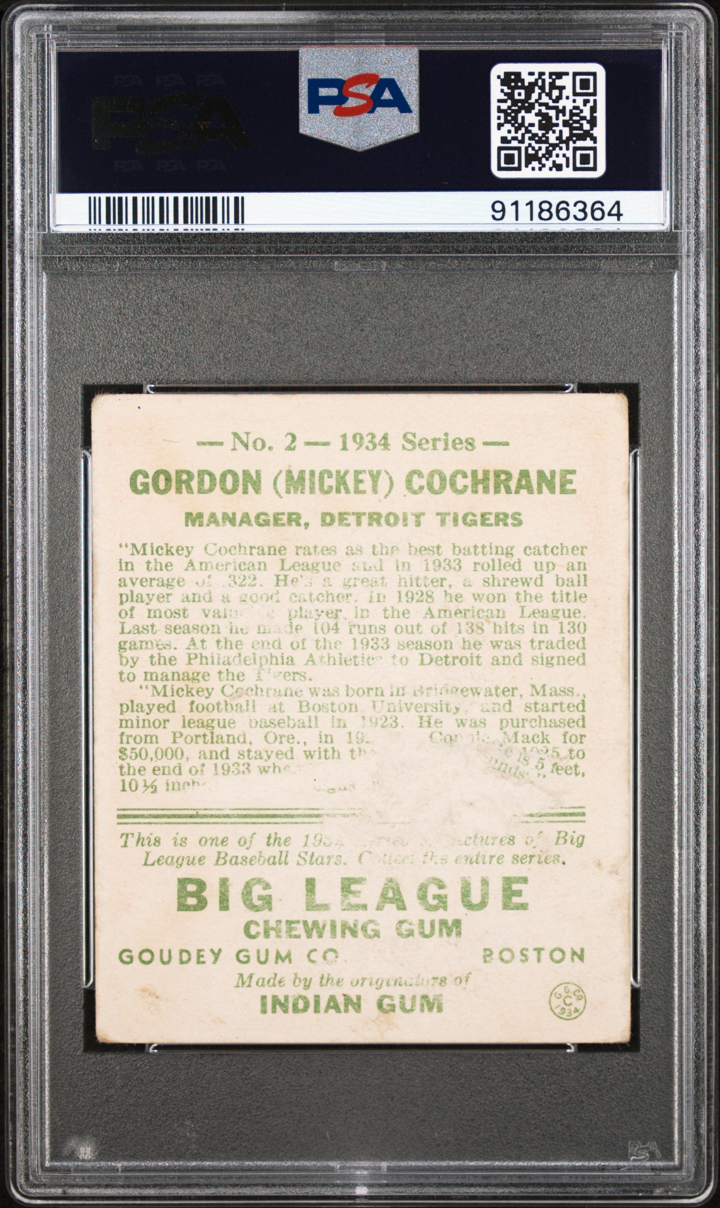 1934 Goudey Mickey Cochrane #2 PSA 1