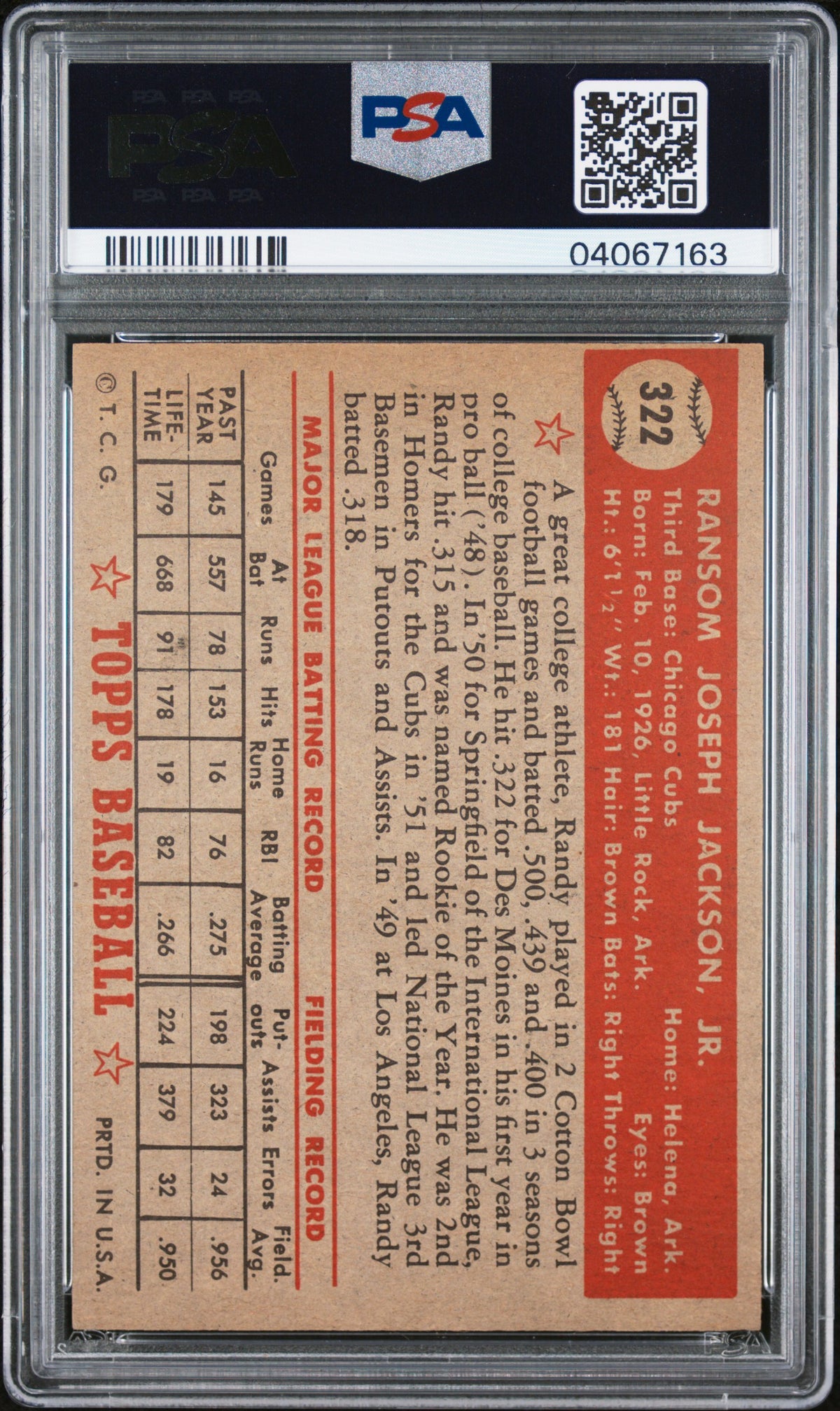 1952 Topps Randy Jackson #322 PSA 7