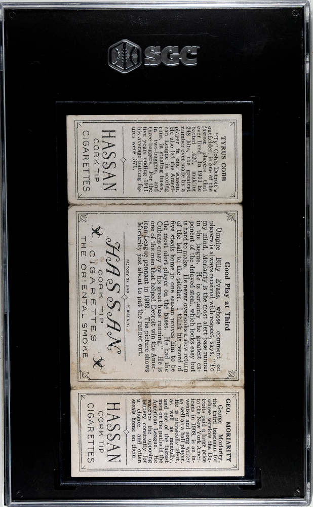 1912 T202 Hassan Cigarettes Good Play At Third #68 Moriarity Cobb SGC 3