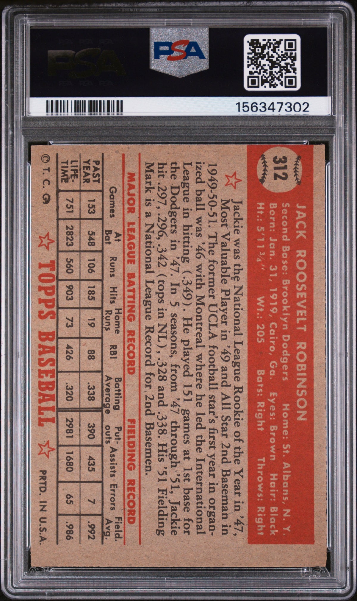 1952 Topps Jackie Robinson #312 PSA 4