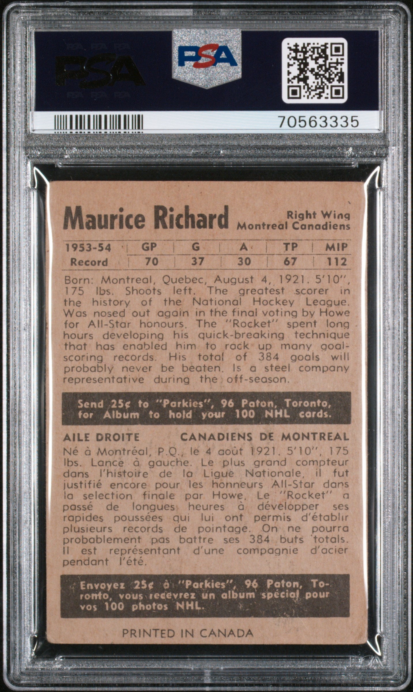 1954 Parkhurst Maurice Richard #7 PSA 3