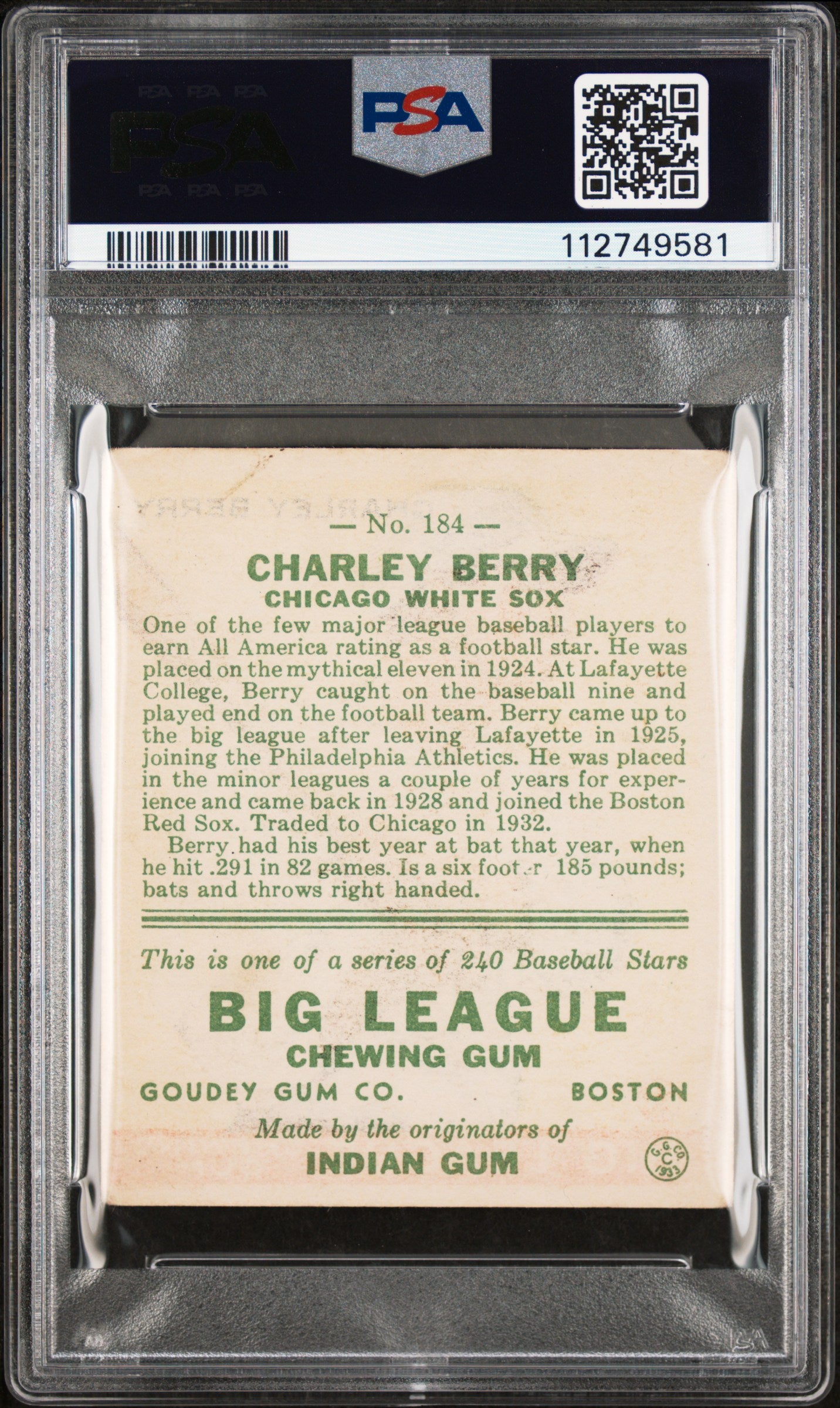 1933 Goudey Charley Berry #184 PSA 1.5