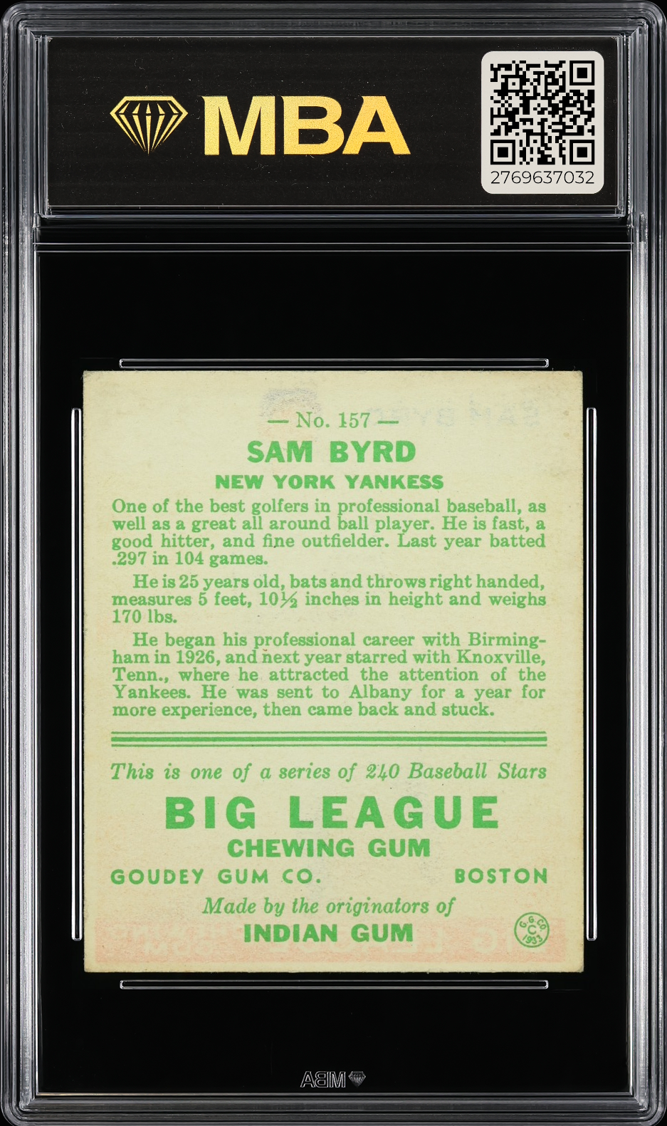 1933 Goudey Sam Byrd #157 MBA 4
