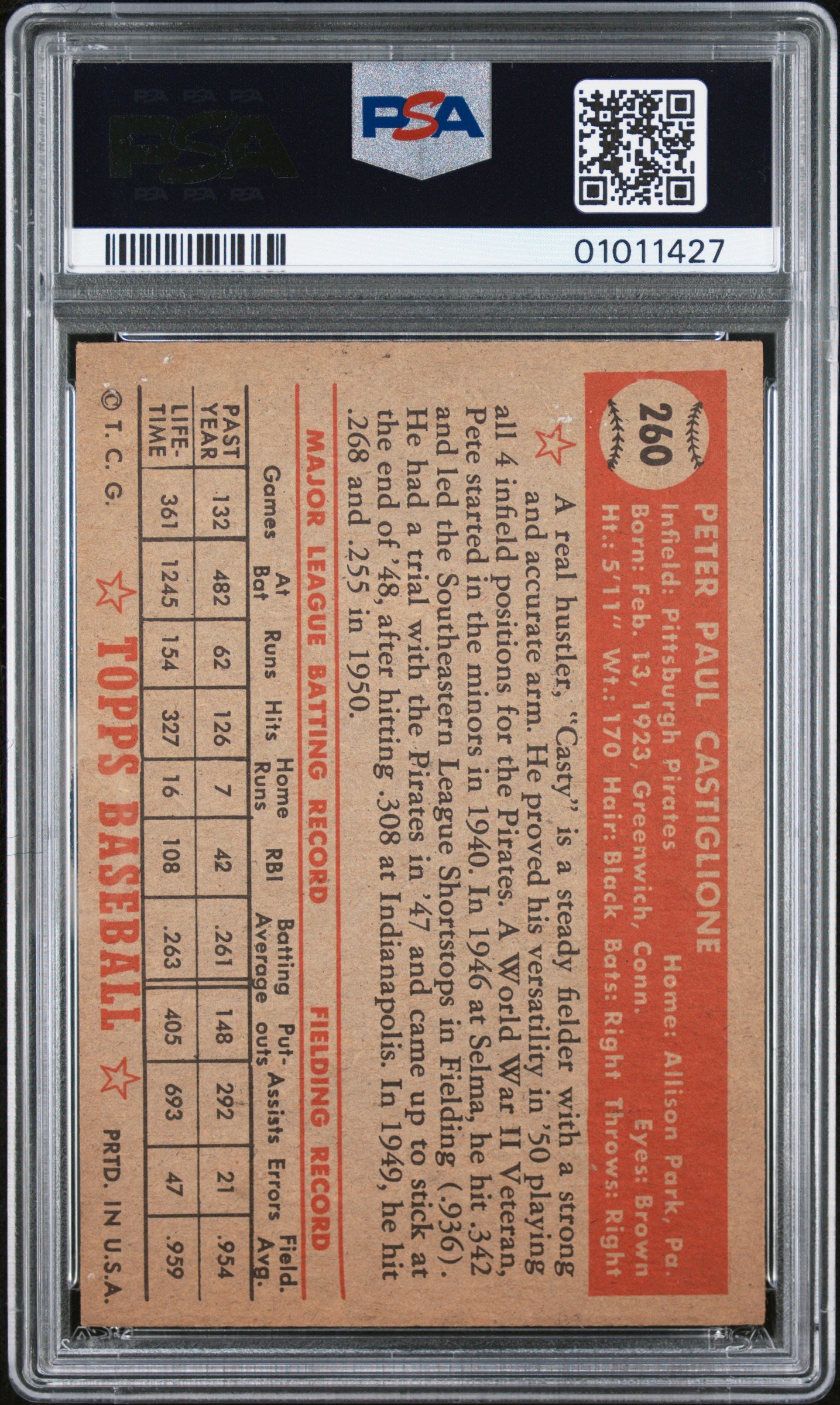 1952 Topps Pete Castiglione #260 PSA 7