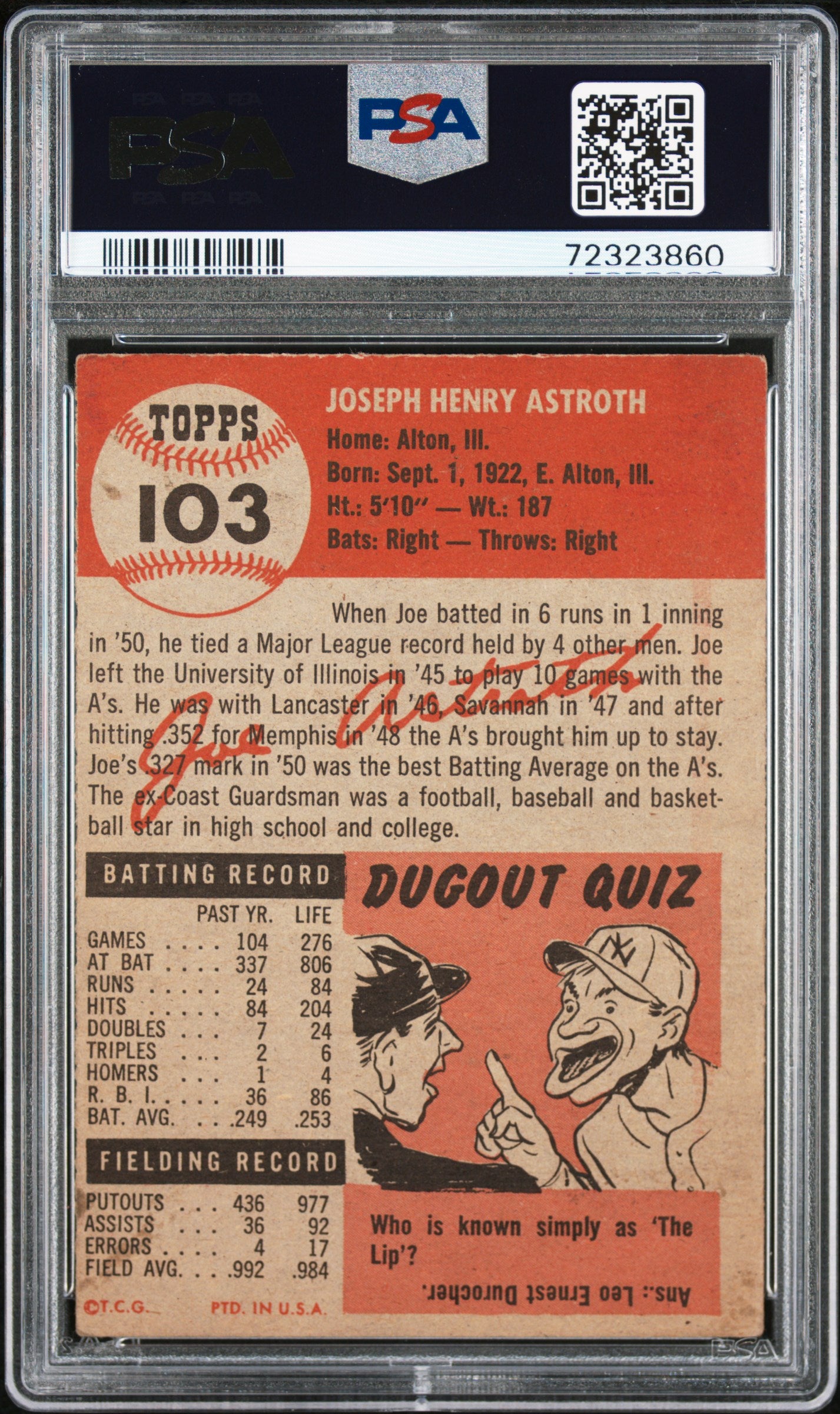 1953 Topps Joe Astroth #103 PSA A Auto A