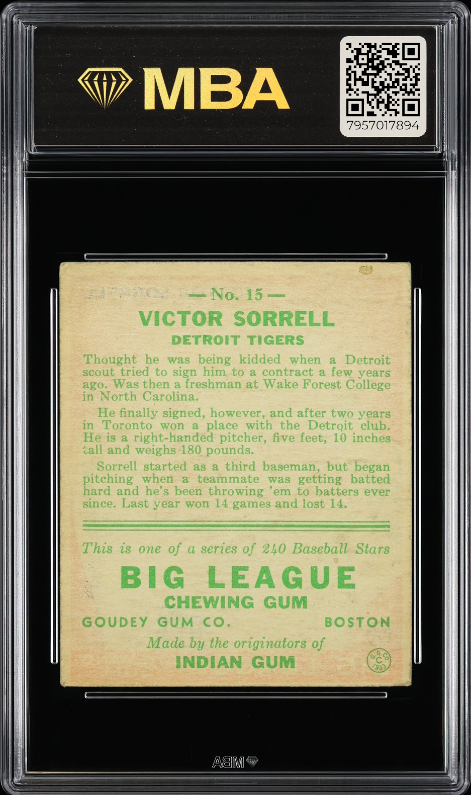 1933 Goudey Victor Sorrell #15 MBA 3
