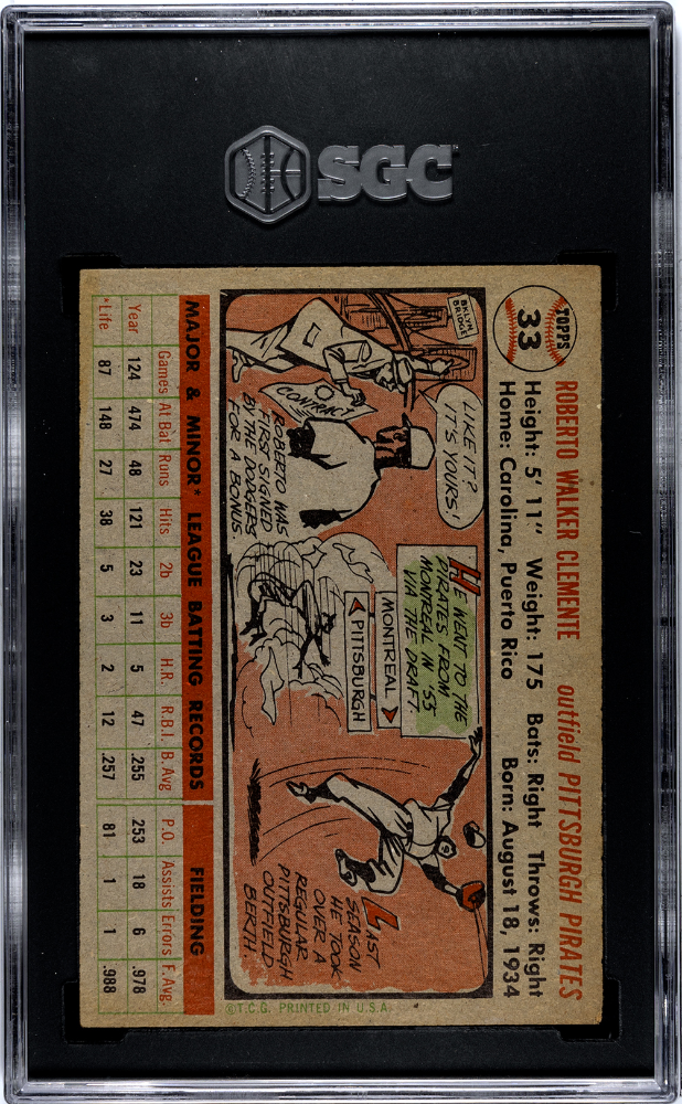 1956 Topps Roberto Clemente #33 Gray Back SGC 5