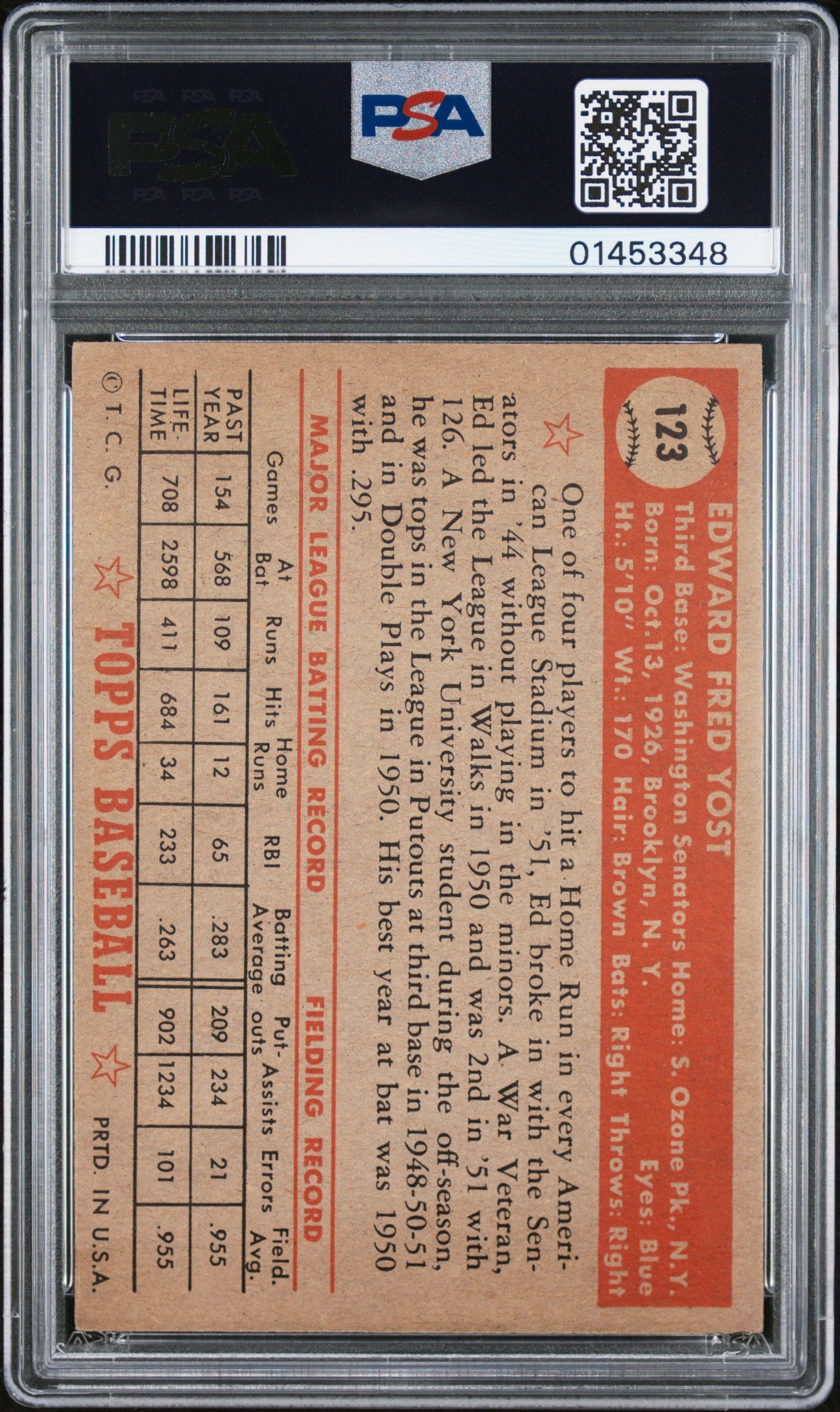 1952 Topps Eddie Yost #123 PSA 7