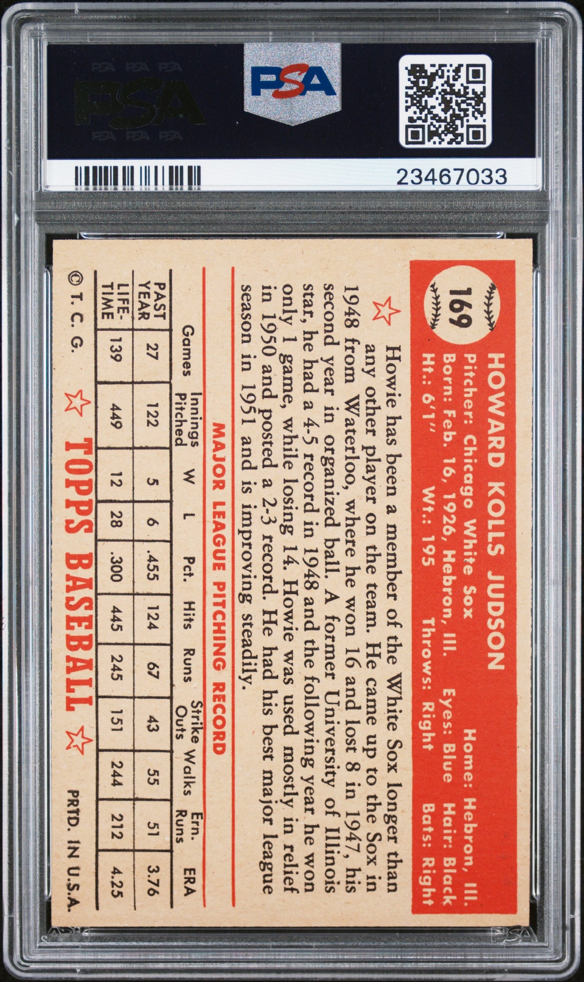 1952 Topps Howie Judson #169 PSA 7