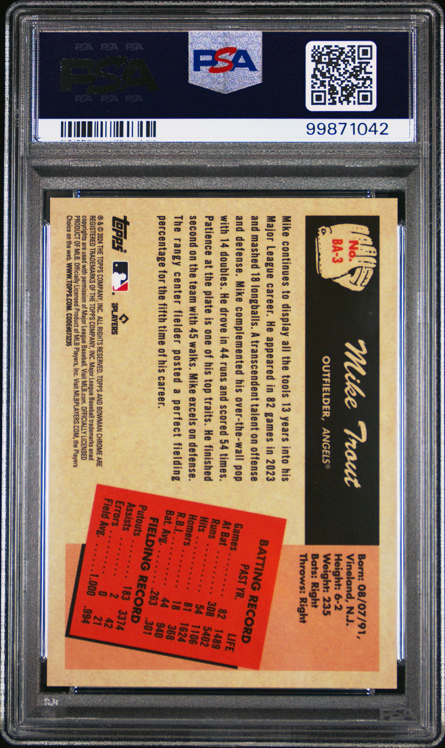 2024 Bowman 1955 Bowman Anime Mike Trout #BA3 Gold Refractor PSA 9 18/50