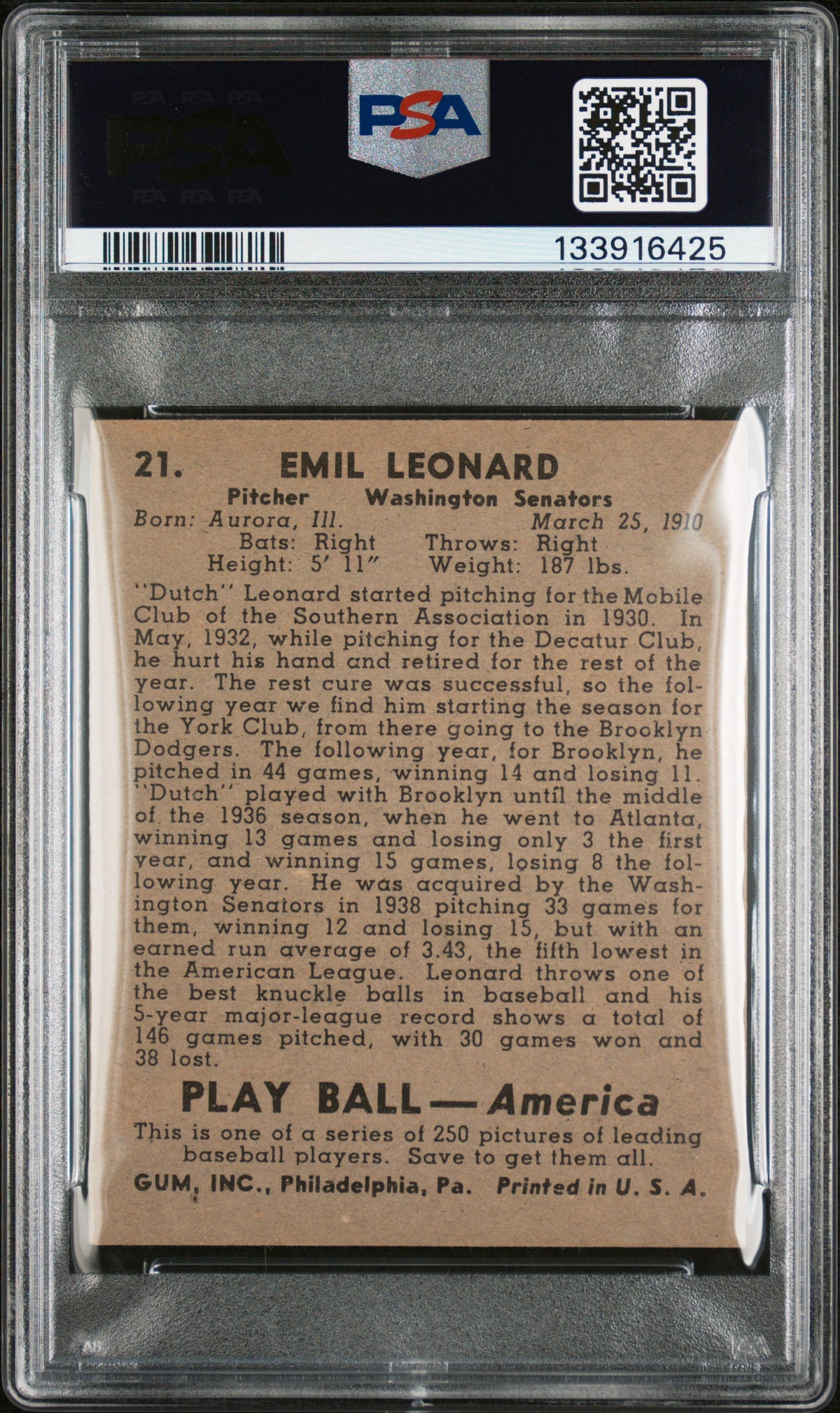1939 Play Ball Dutch Leonard #21 PSA 5
