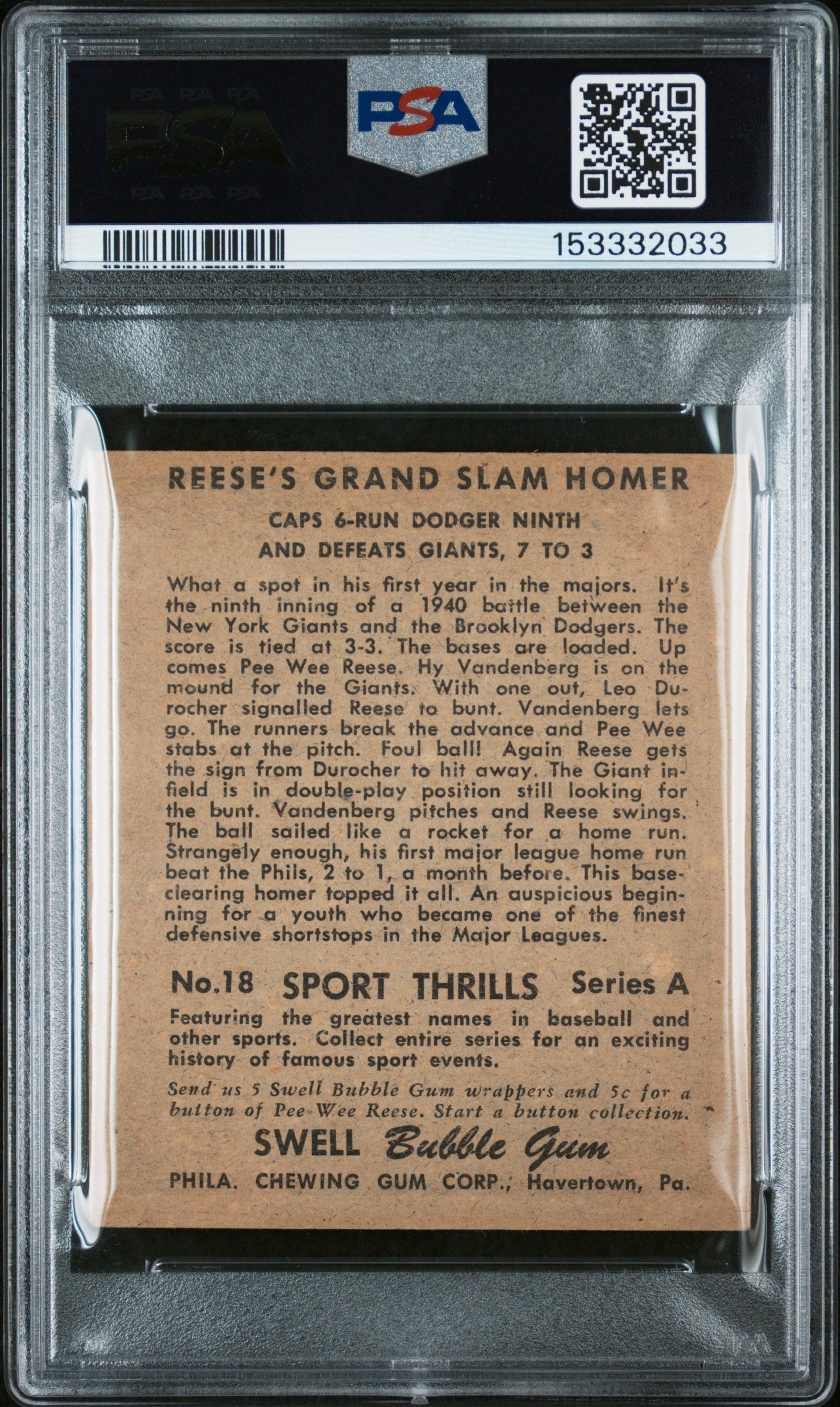 1948 Swell Sports Thrills Home Run To Fame #18 Pee Wee Reese PSA 4.5