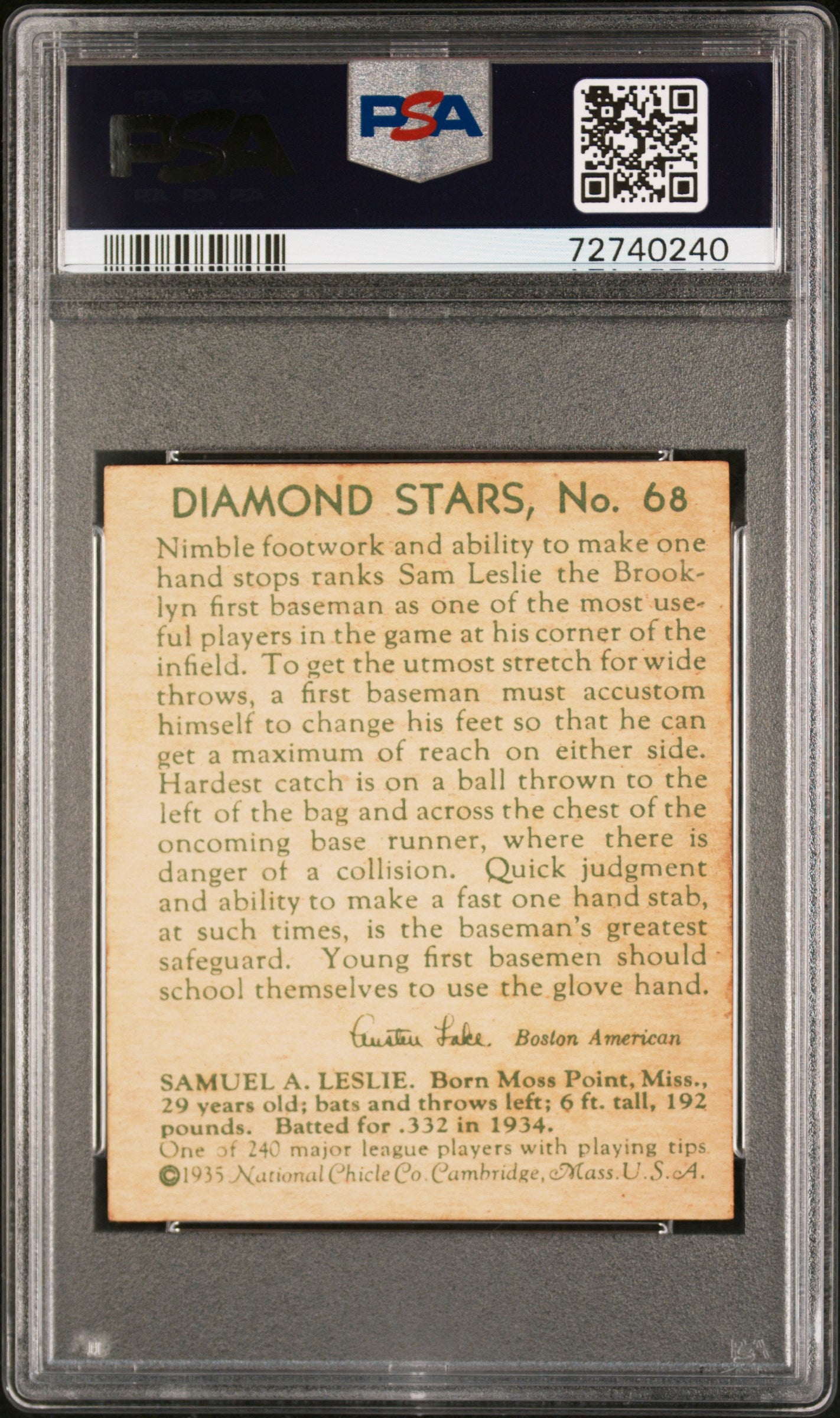 1935 Diamond Stars Sam Leslie #68 PSA 7