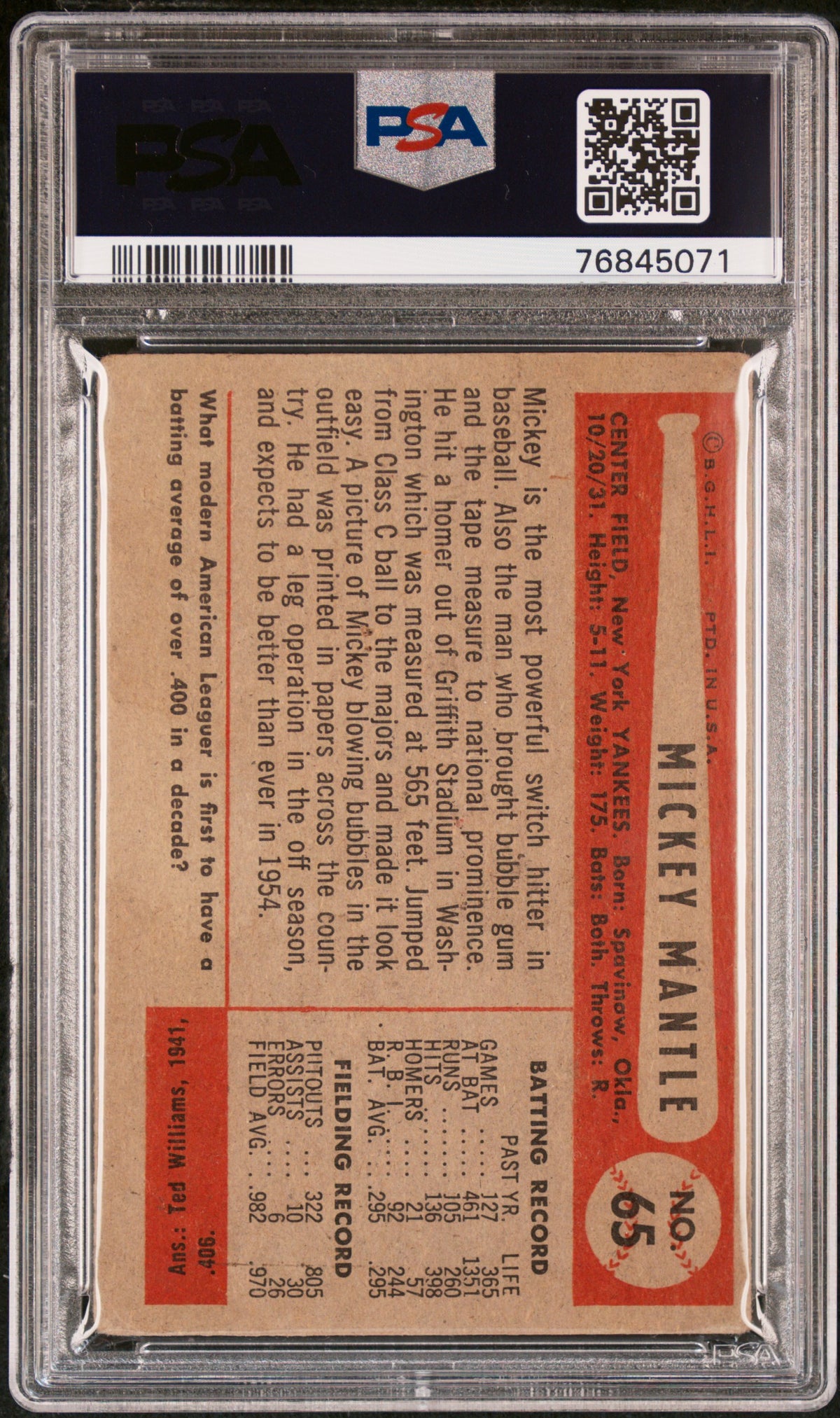 1954 Bowman Mickey Mantle #65 PSA 1.5