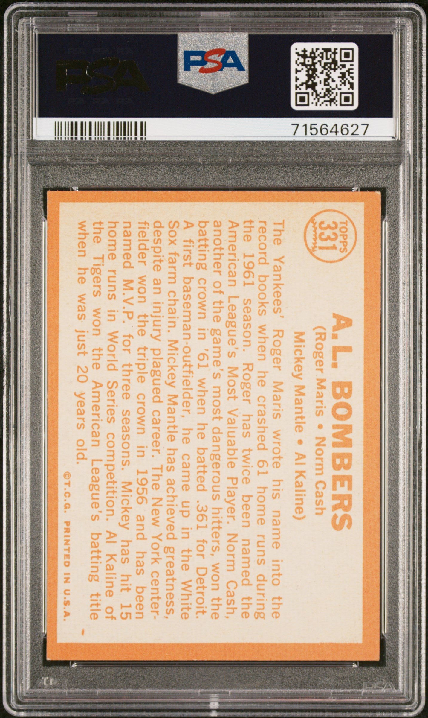 1964 Topps A. L. Bombers #331 Maris Cash Mantle Kaline PSA 7