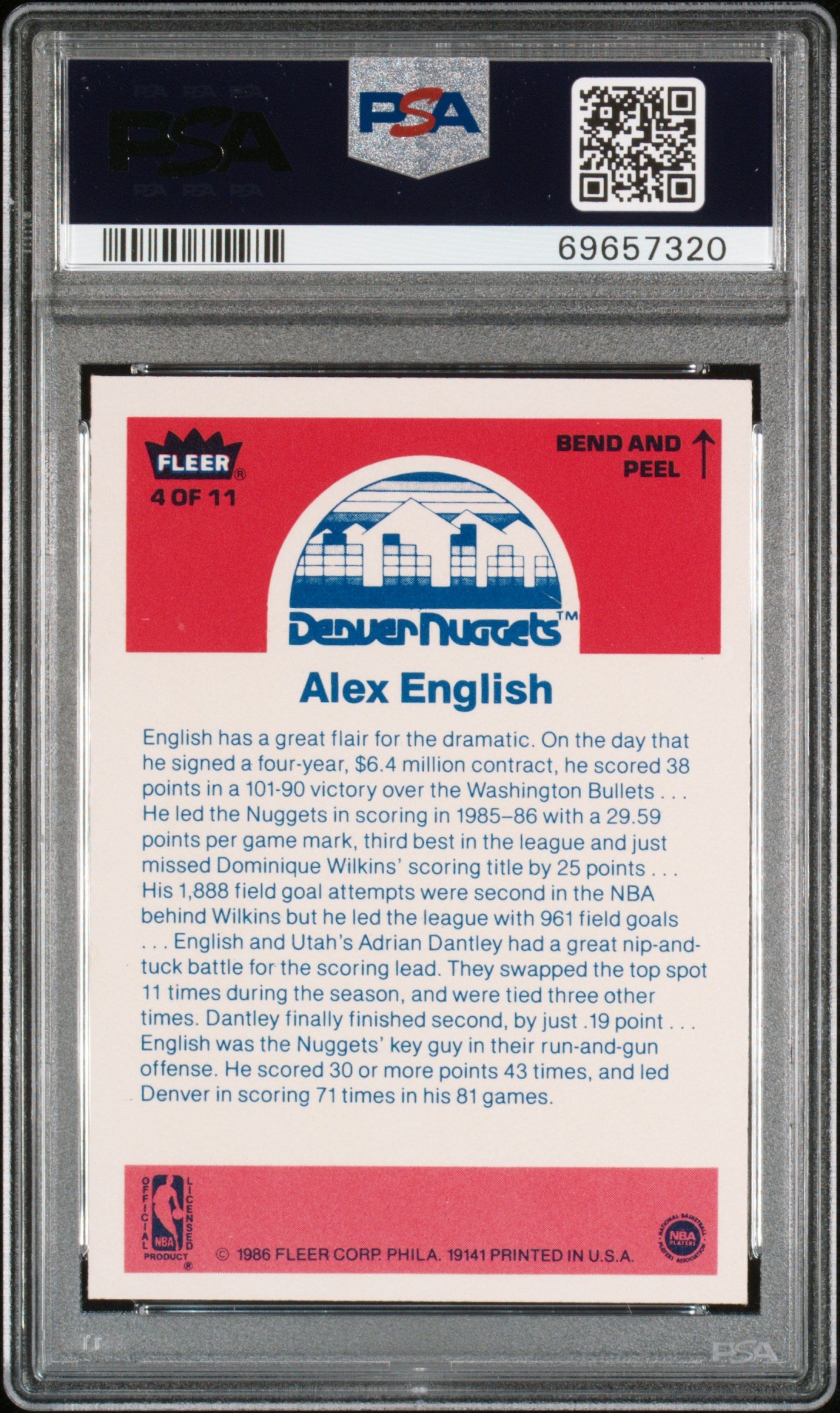 1986 Fleer Sticker Alex English #4 PSA 9