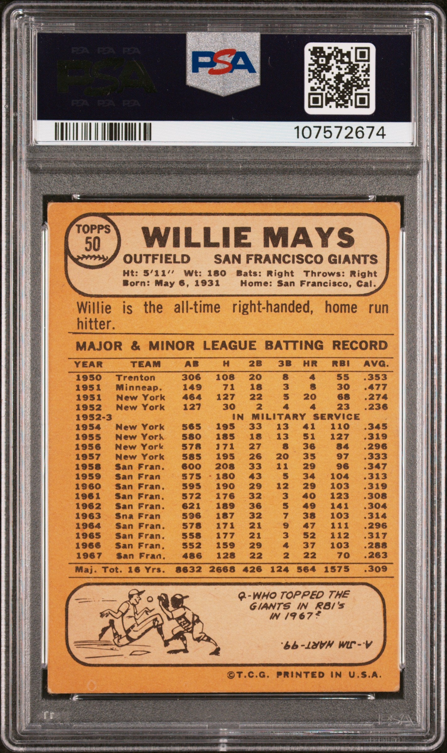 1968 Topps Willie Mays #50 PSA 4 Auto 10