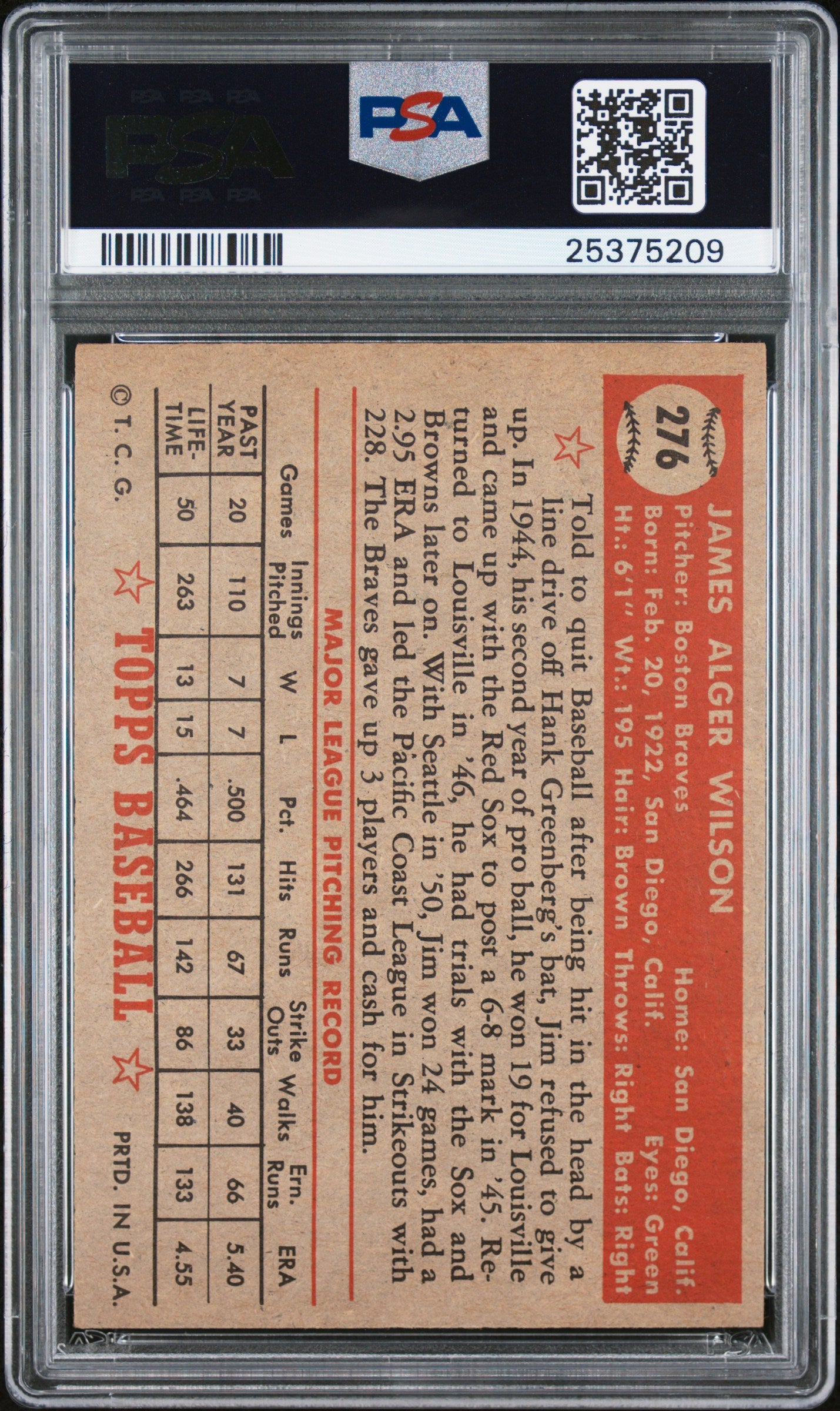 1952 Topps Jim Wilson #276 PSA 7