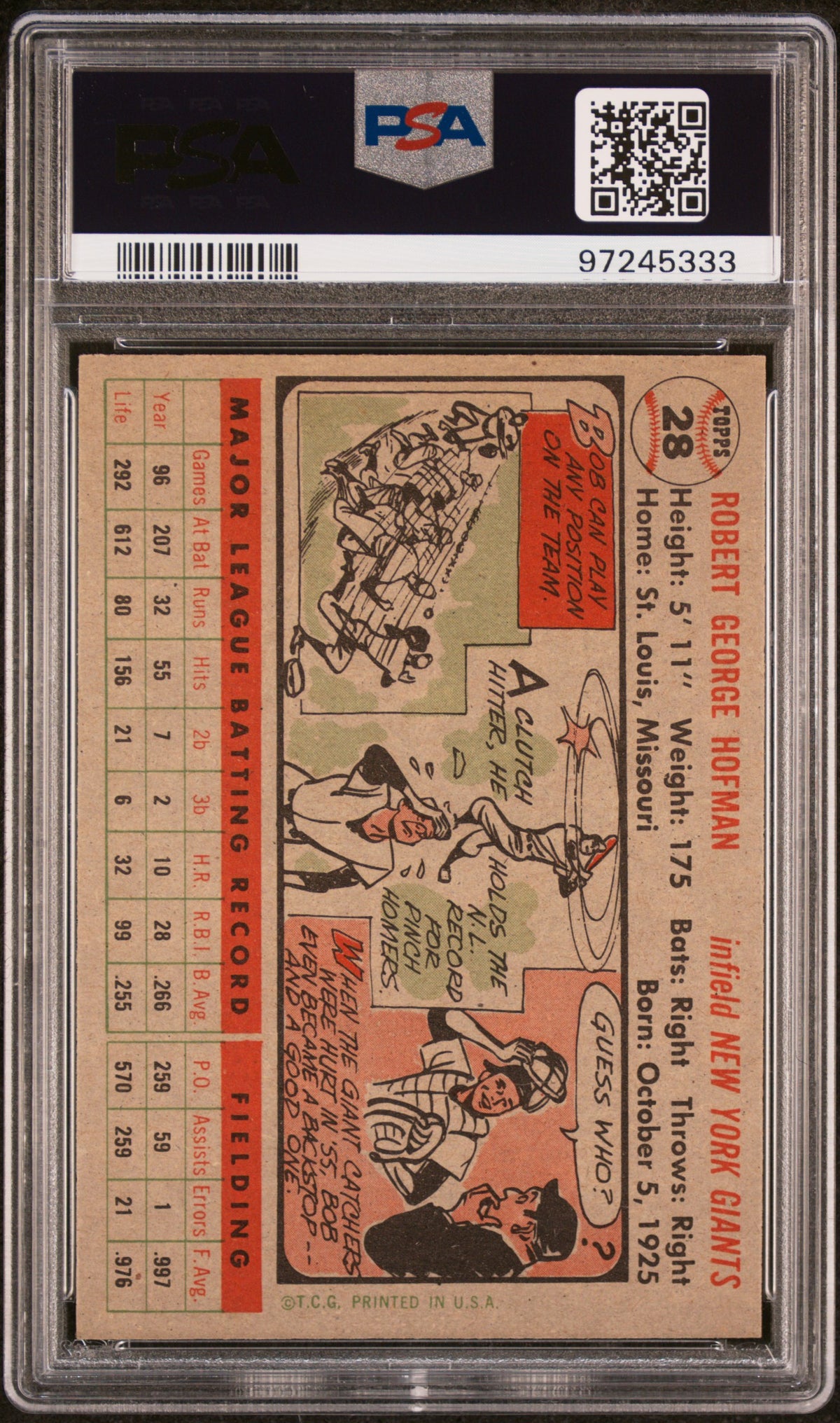 1956 Topps Bobby Hofman #28 Gray Back PSA 8